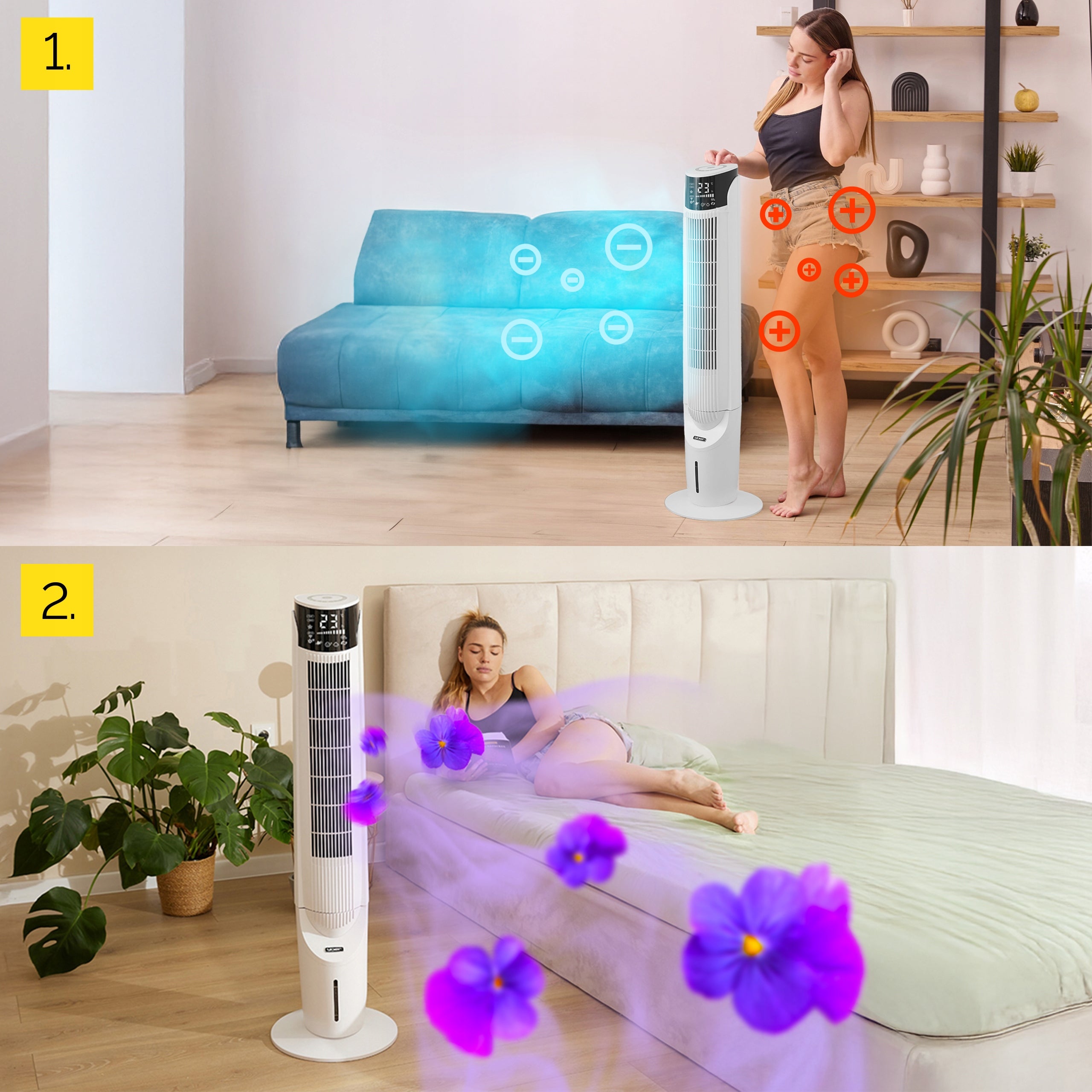 Portable Water Heater Column Fan Quiet 33dB Yoer 6in1 ION AROMA Power 60 W