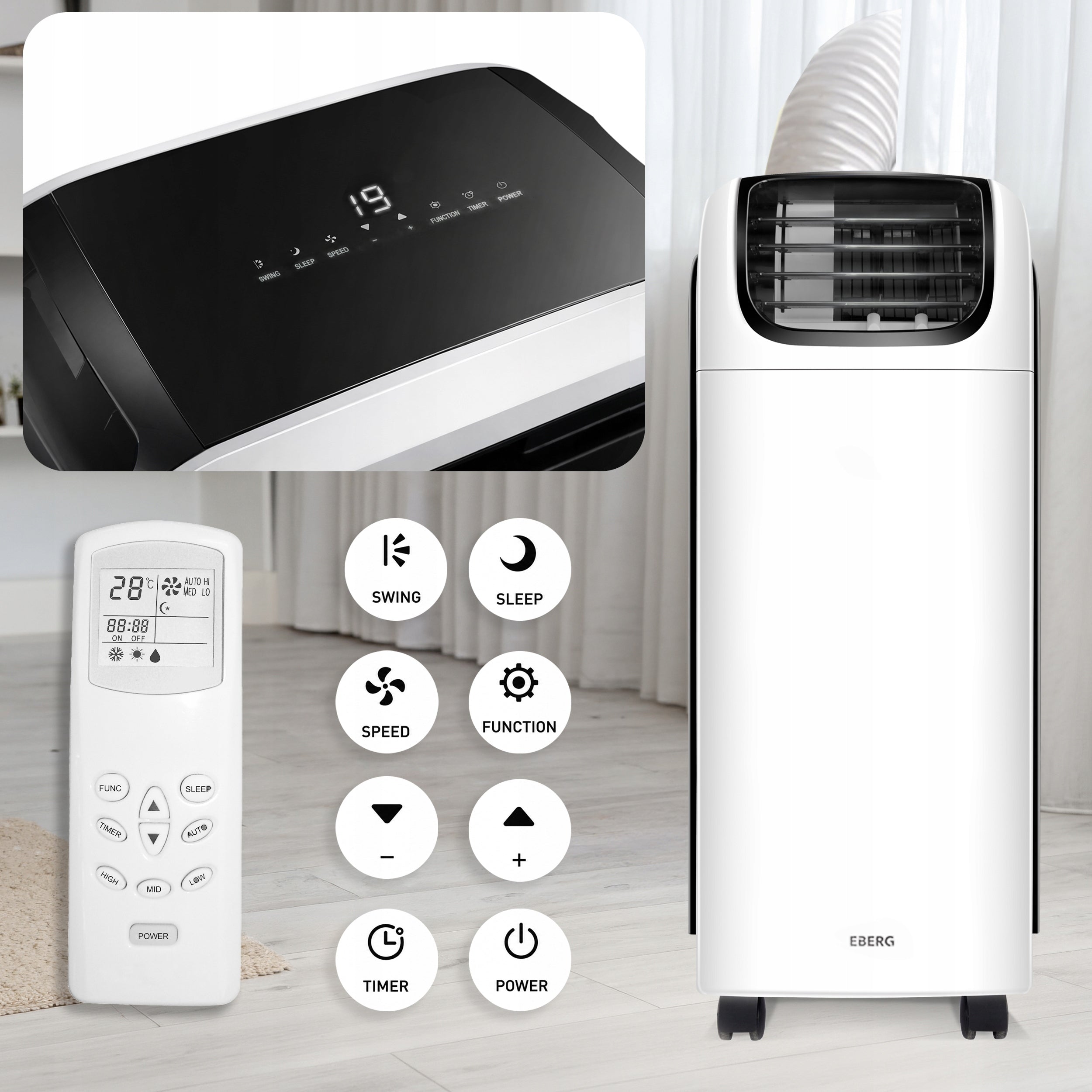 Portable air conditioner 4in1 EBERG QUBO 4kW Dehumidifies 70l/24h+WiFi +Heat pump Manufacturer code Klimatyzator przenośny 4kW SpotCooler 4w1