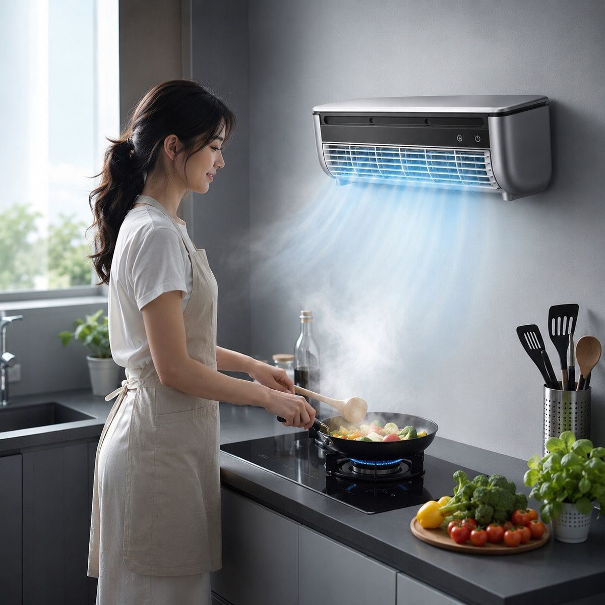 Portable air conditioner, remote controlled fog cooling, Dominant color white