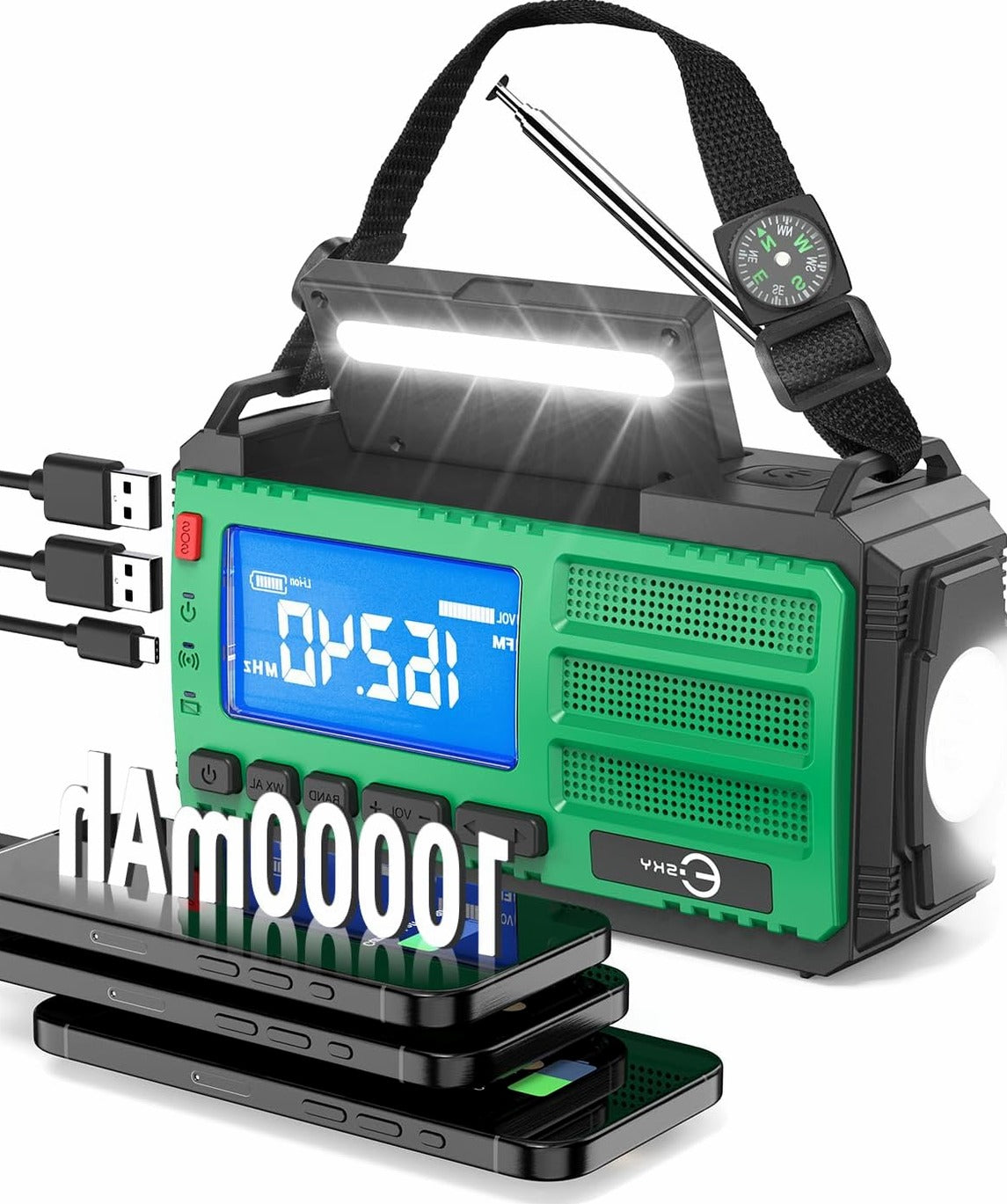 Portable emergency radio 10000mah with powerbank compass flashlight