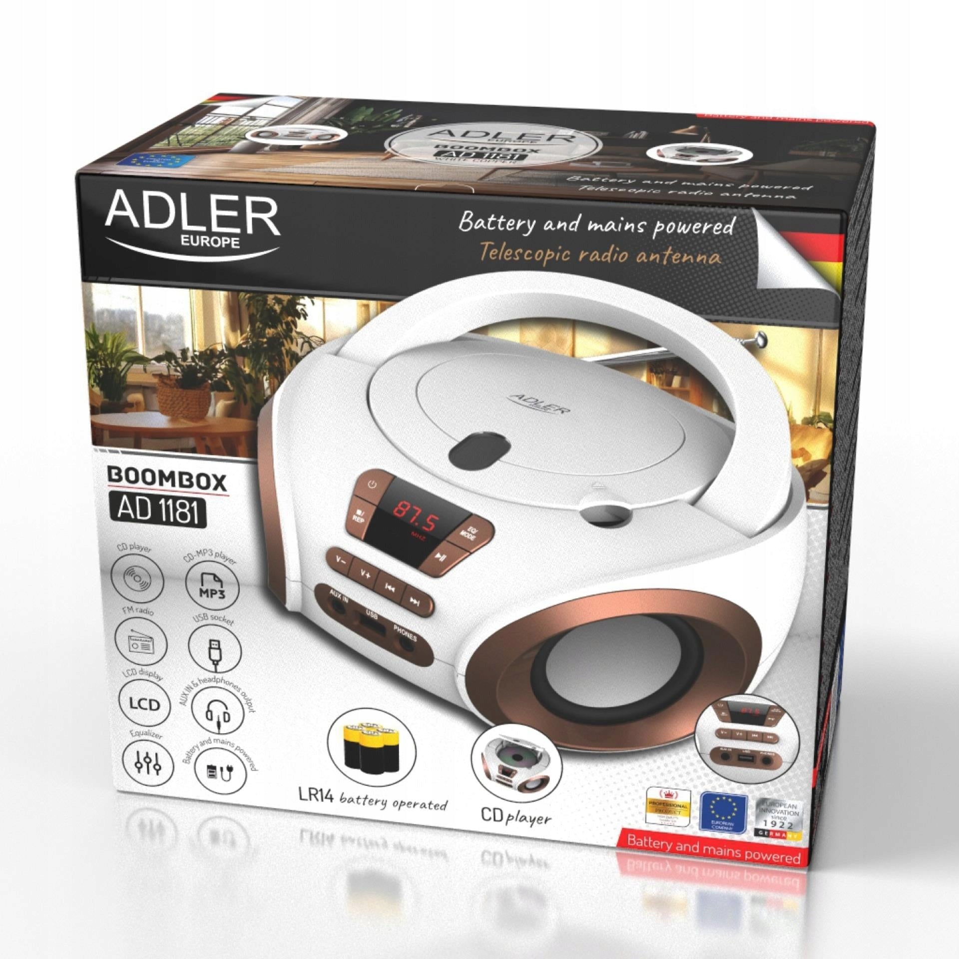 Portable radio Boombox CD audio and MP3 USB AUX LCD FM radio Adler WHITE Manufacturer code AD1181WC
