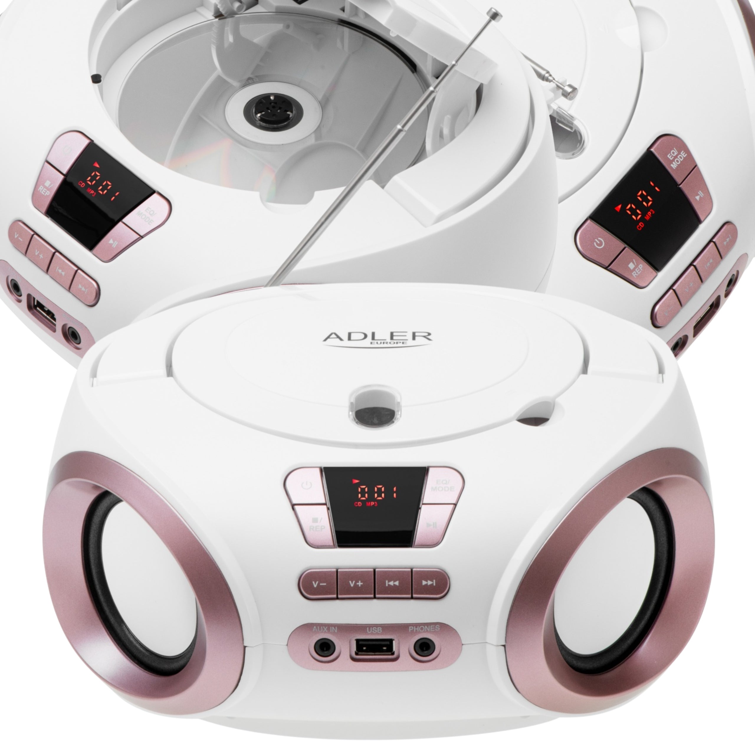 Portable radio Boombox CD audio and MP3 USB AUX LCD FM radio Adler WHITE