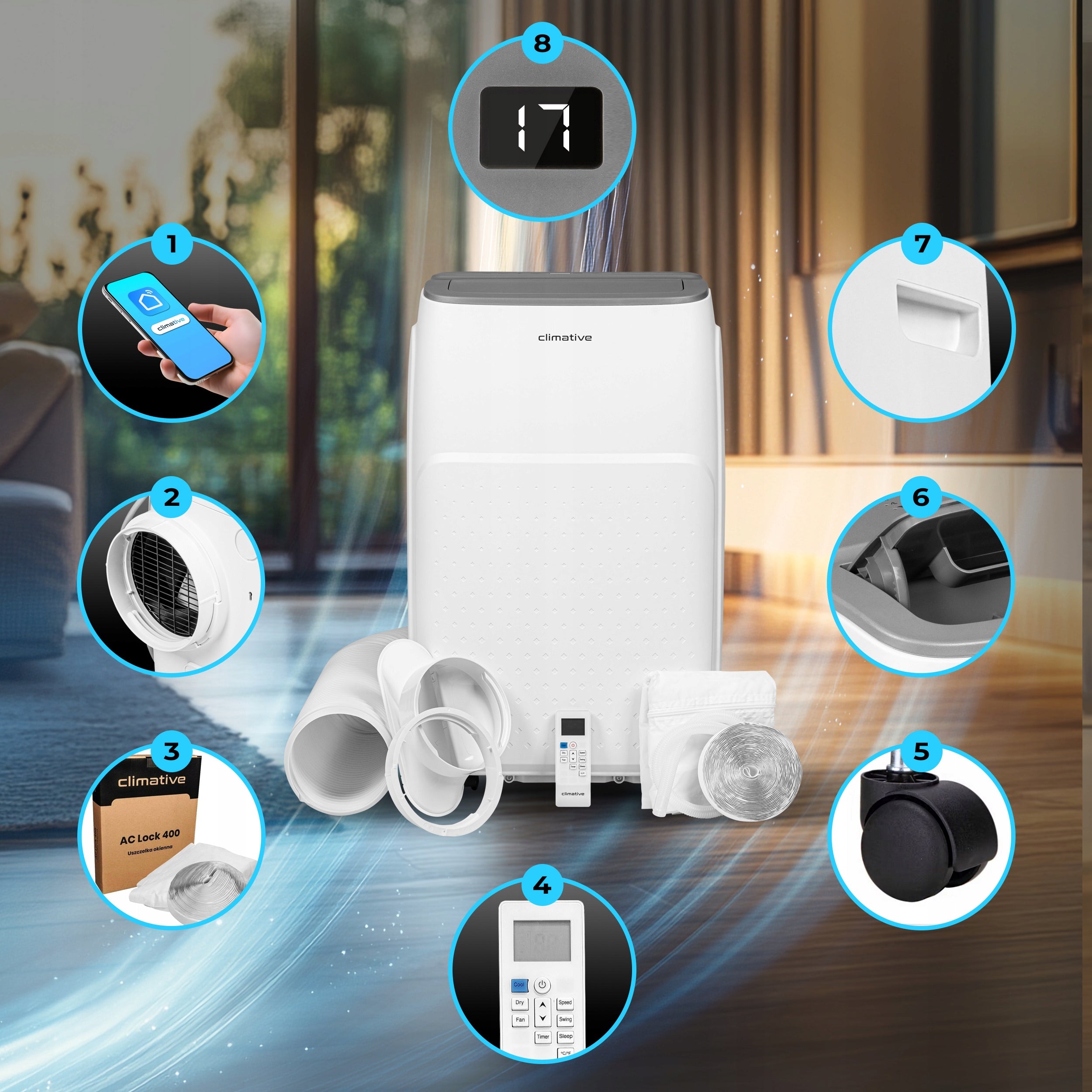 Portable room air conditioner JET WiFi 4,1kW 41 m² dehumidifier 3in1 gasket Dominant color white