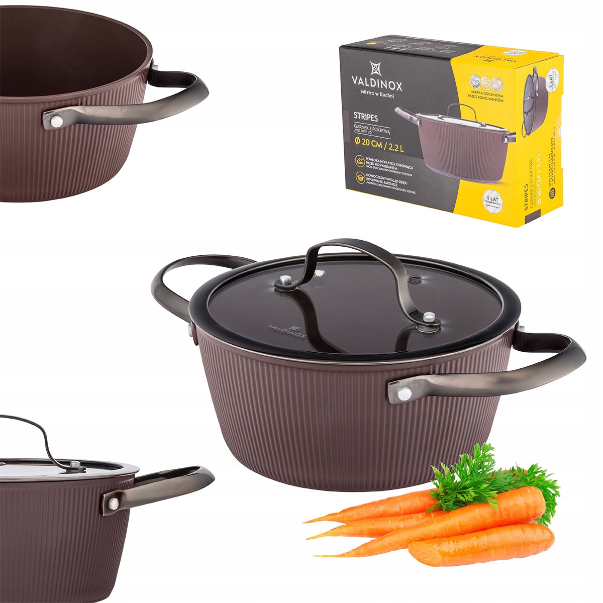 Pot 2,2 l with lid for induction grooved gas Valdinox Stripes 20 cm