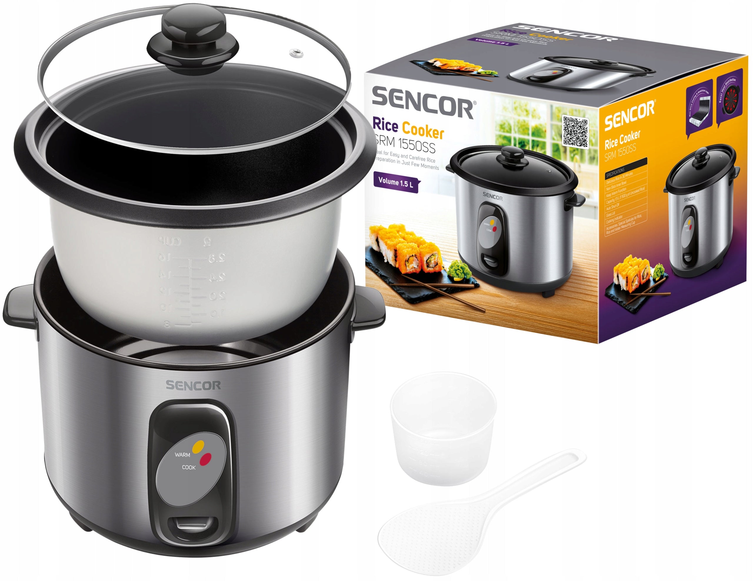 Pot Rise Cooker SENCOR SRM1550SS for cooking rice vegetables RICE COOKER 1.5L Manufacturer code SRM 1550SS