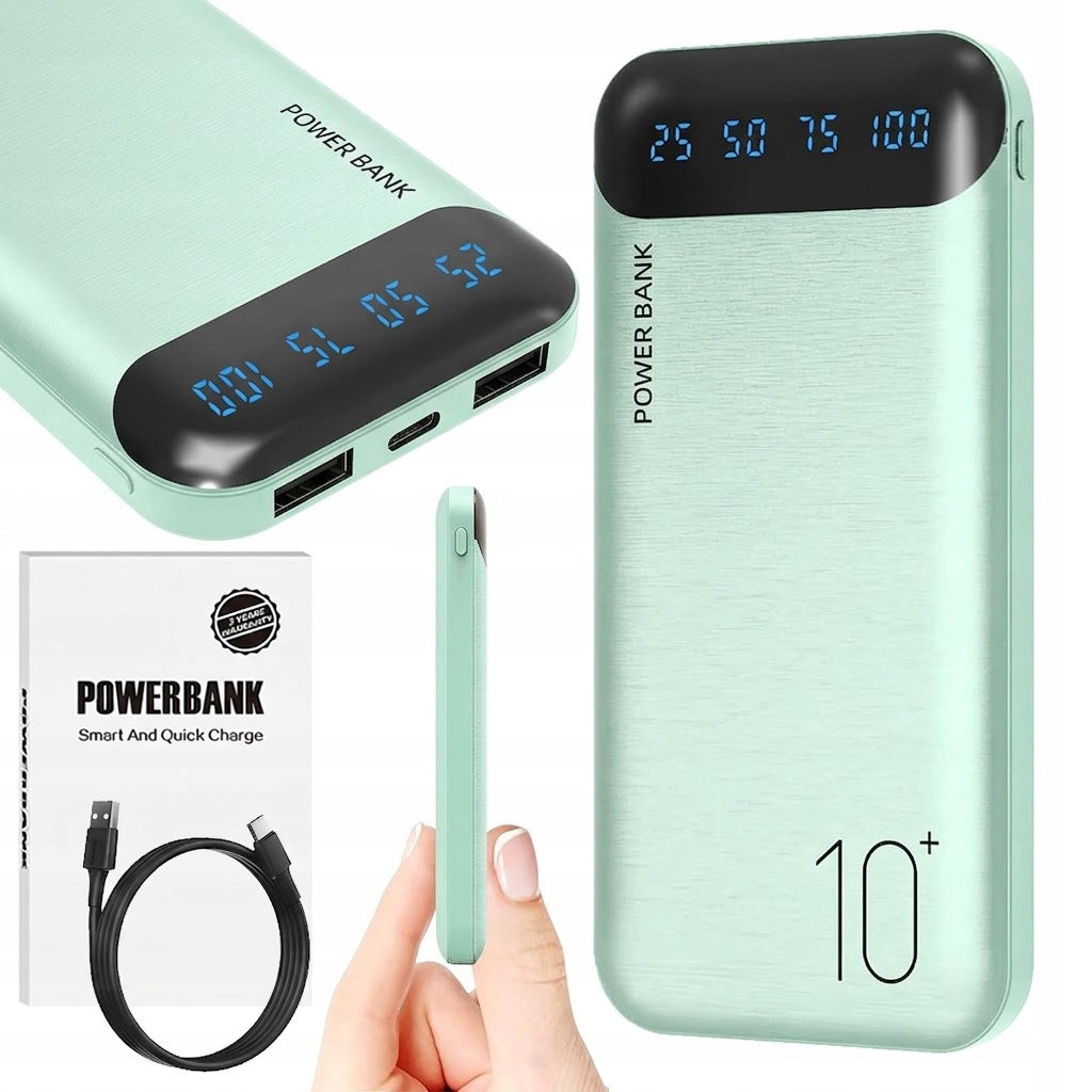 Power Bank 10000mAh Green 2x USB /USB-C/Micro USB