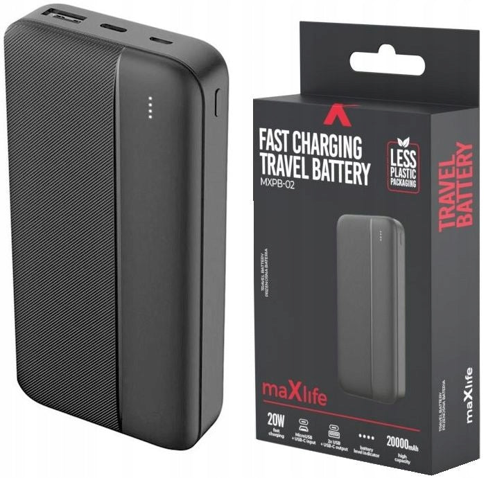 Power Bank 20000mAh USB USB-C Micro Fast Charging QC PD 20W Maxlife
