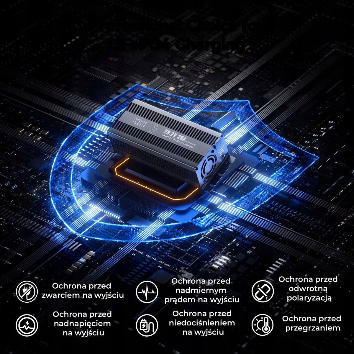 PowerQueen 29.2V 20A LiFePO4 Charger 0V Activation for Camper Boat Solar RV Manufacturer's catalog number P24V20A-BCHA-MINI-X-DE