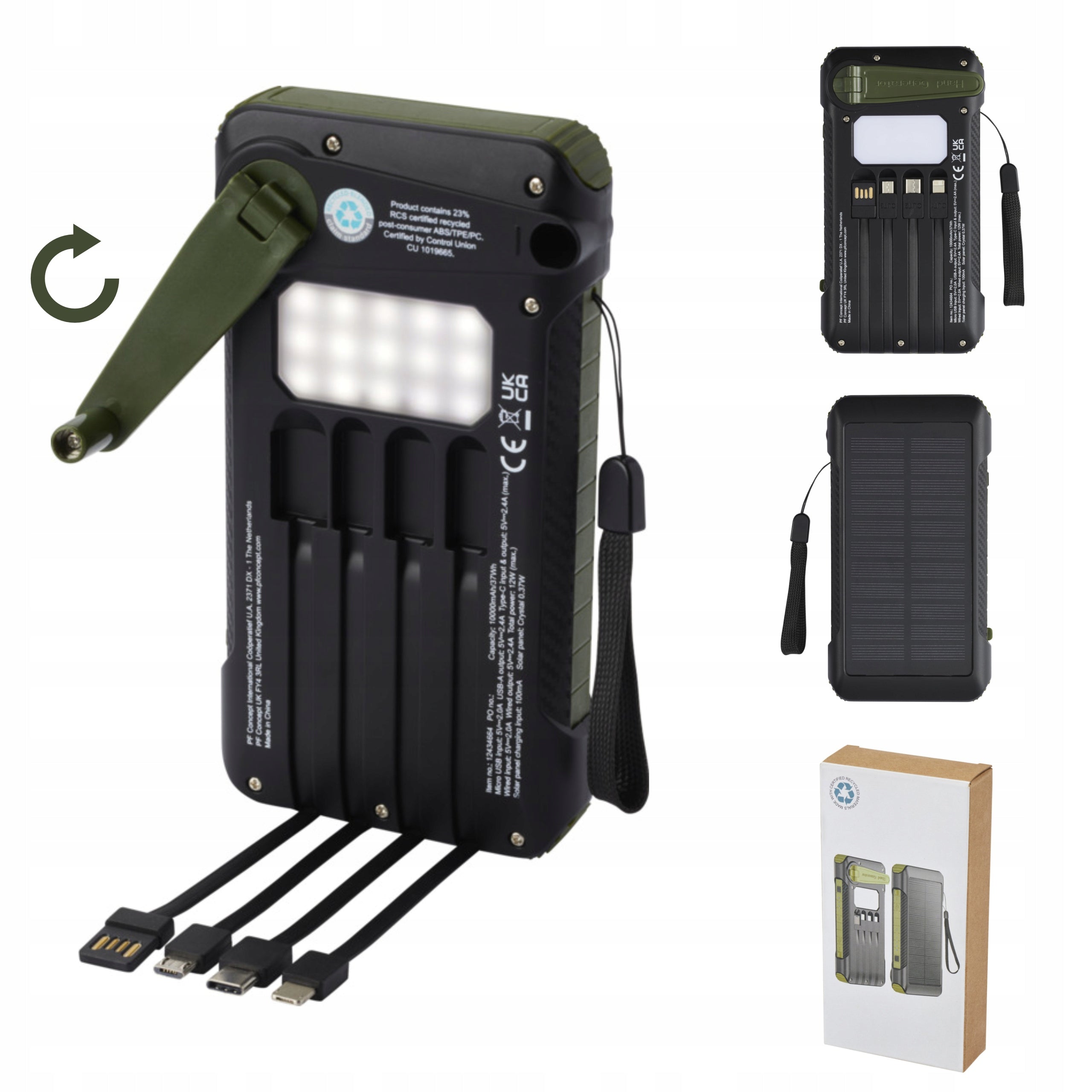Powerbank 10000 solar power bank on DYNAMO with crank + 4 charging tips
