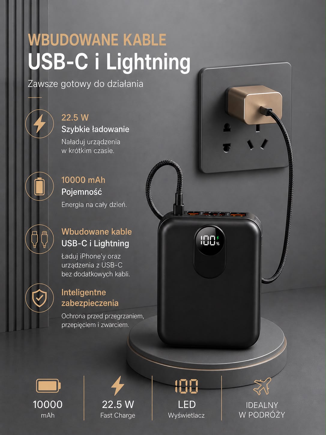 Powerbank 10000mAh 22,5W Built-in USB-C Lightning Cables LED Display Packaging status original