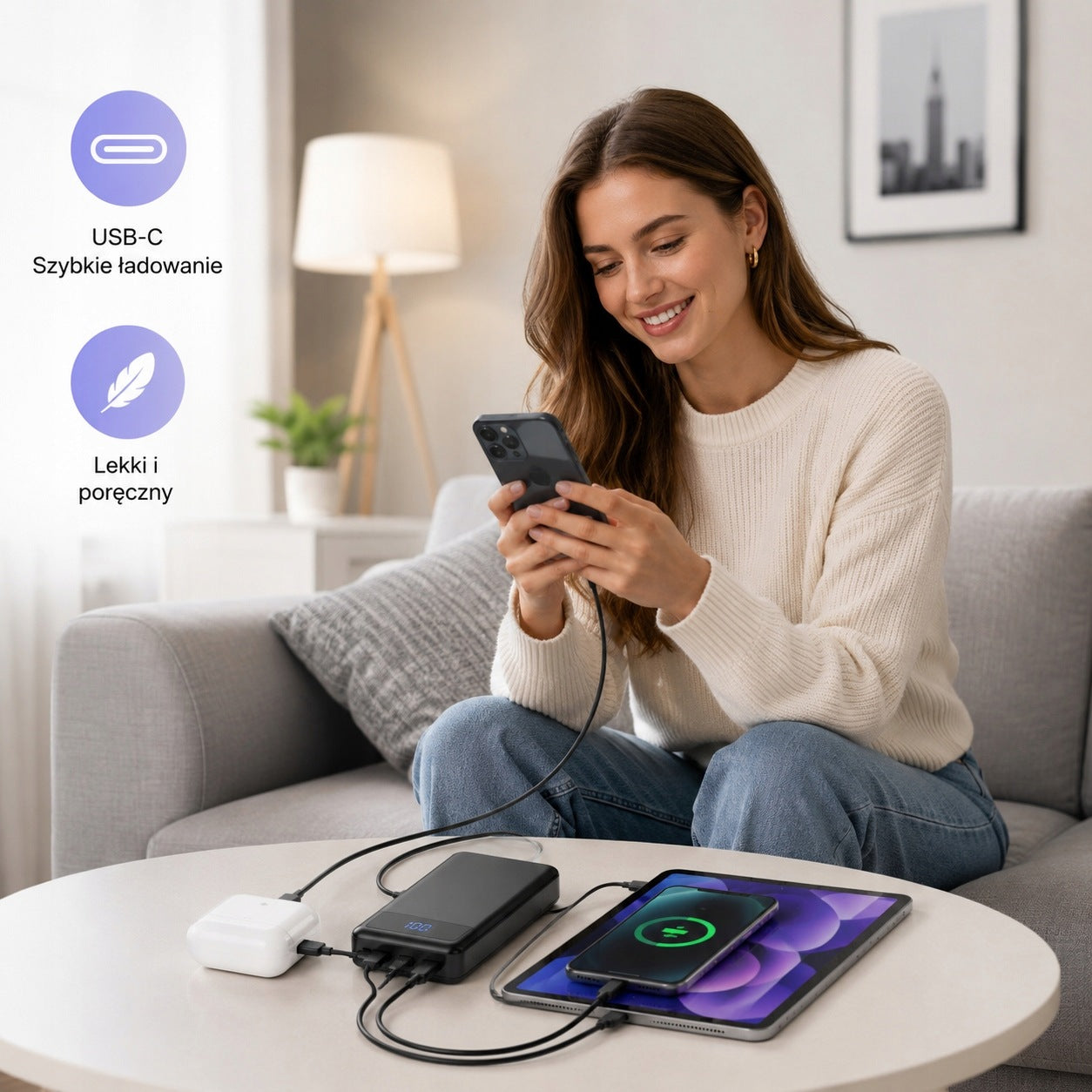 Powerbank 30000mAh 22,5W QC PD 2x USB USB-C Z WBUDOWANYM KABLEM USB C Brand SOUNIX