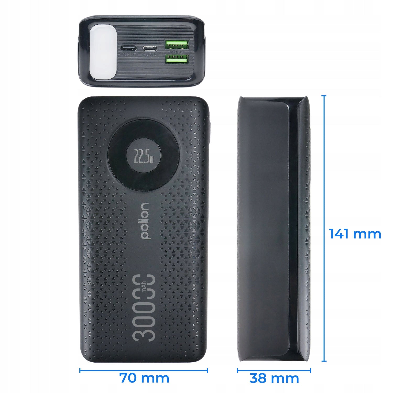 Powerbank POLION Fast Charging 22.5W 30000mAh USB-C USB-A PD3.0 QC3.0 Battery capacity 30000 mAh
