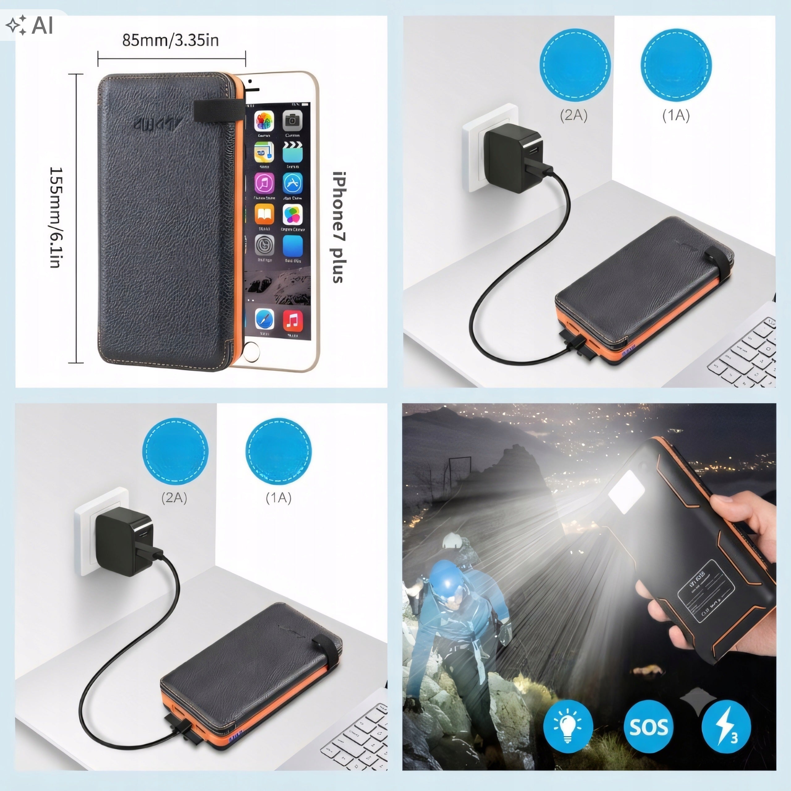 Powerbank Solar 25000mAh 4 Panels Waterproof LED Flashlight 2x USB Travel Packaging status original