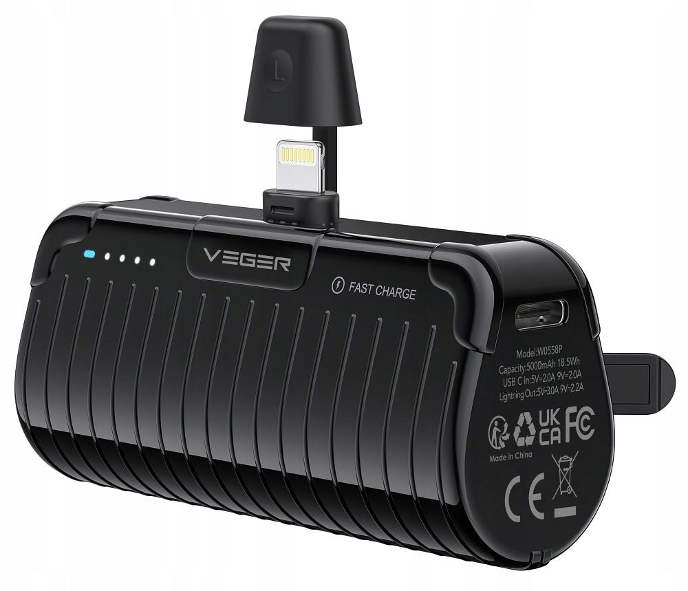 Powerbank Veger 5000 mAh with built-in Lightning PlugOn PD QC3.0 2,4 connector
