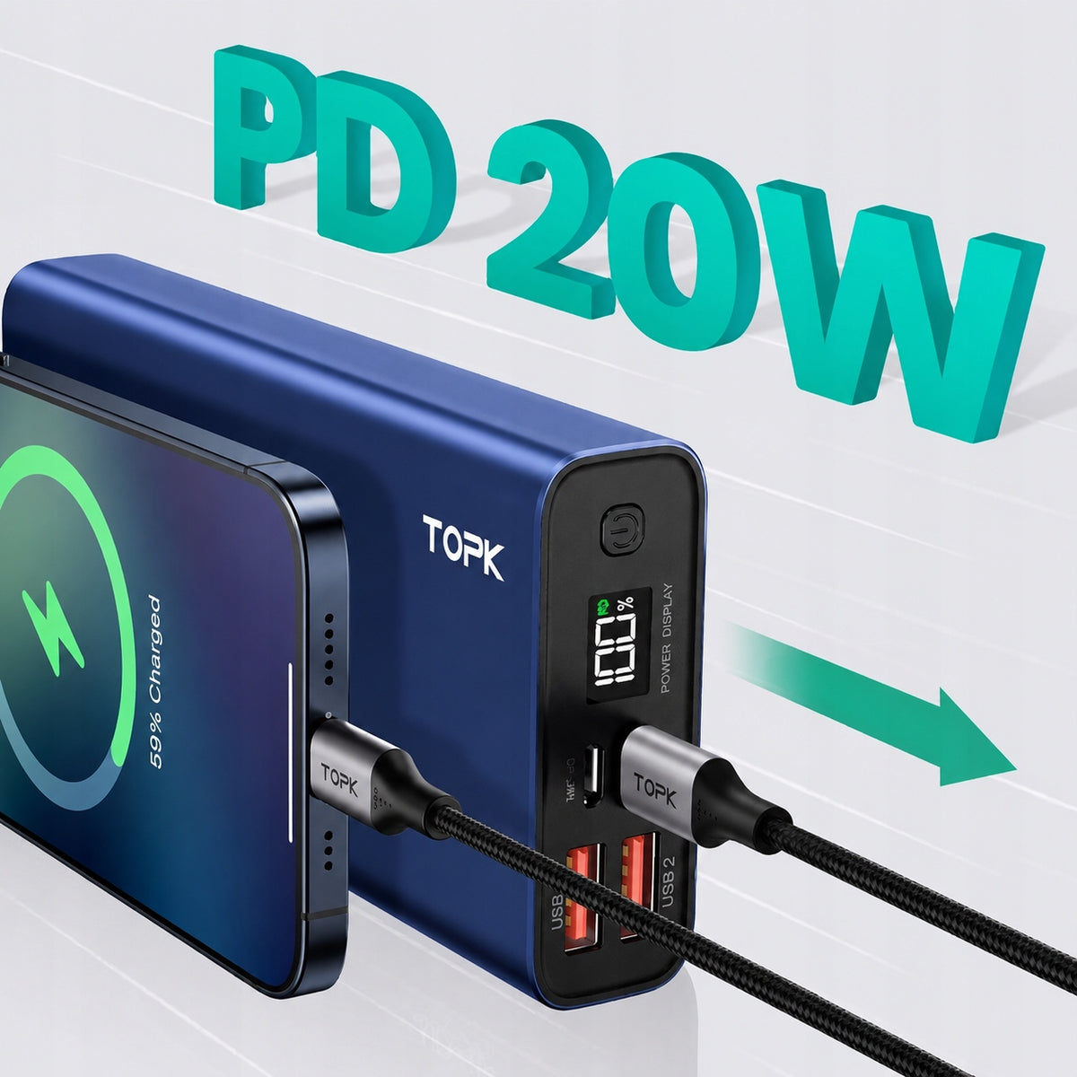Powerbank fast charger PD 20W QC 3.0 USB C A micro 20000 mAh TOPK Packaging status original