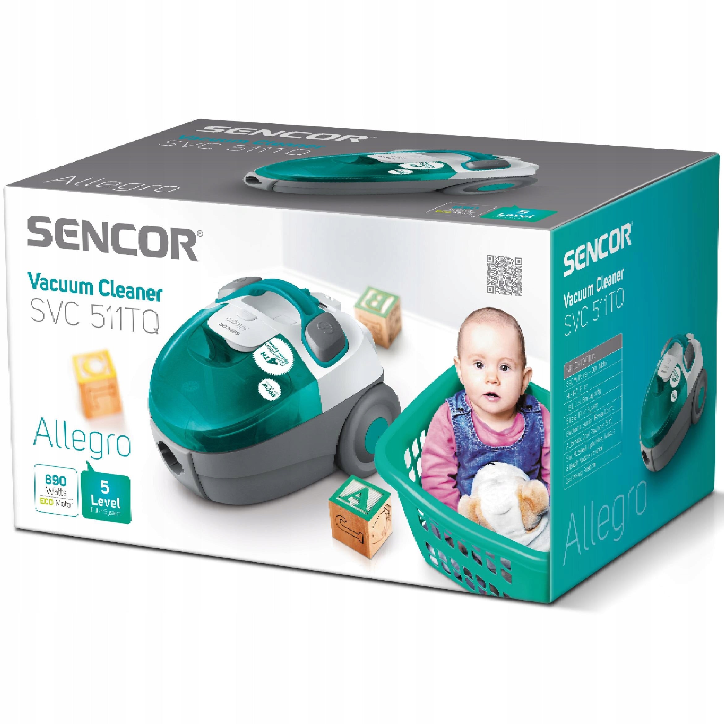 Powerful bagless vacuum cleaner 890W HEPA H10 1,5L turquoise Sencor SVC 511TQ-EUE2 Packaging status original