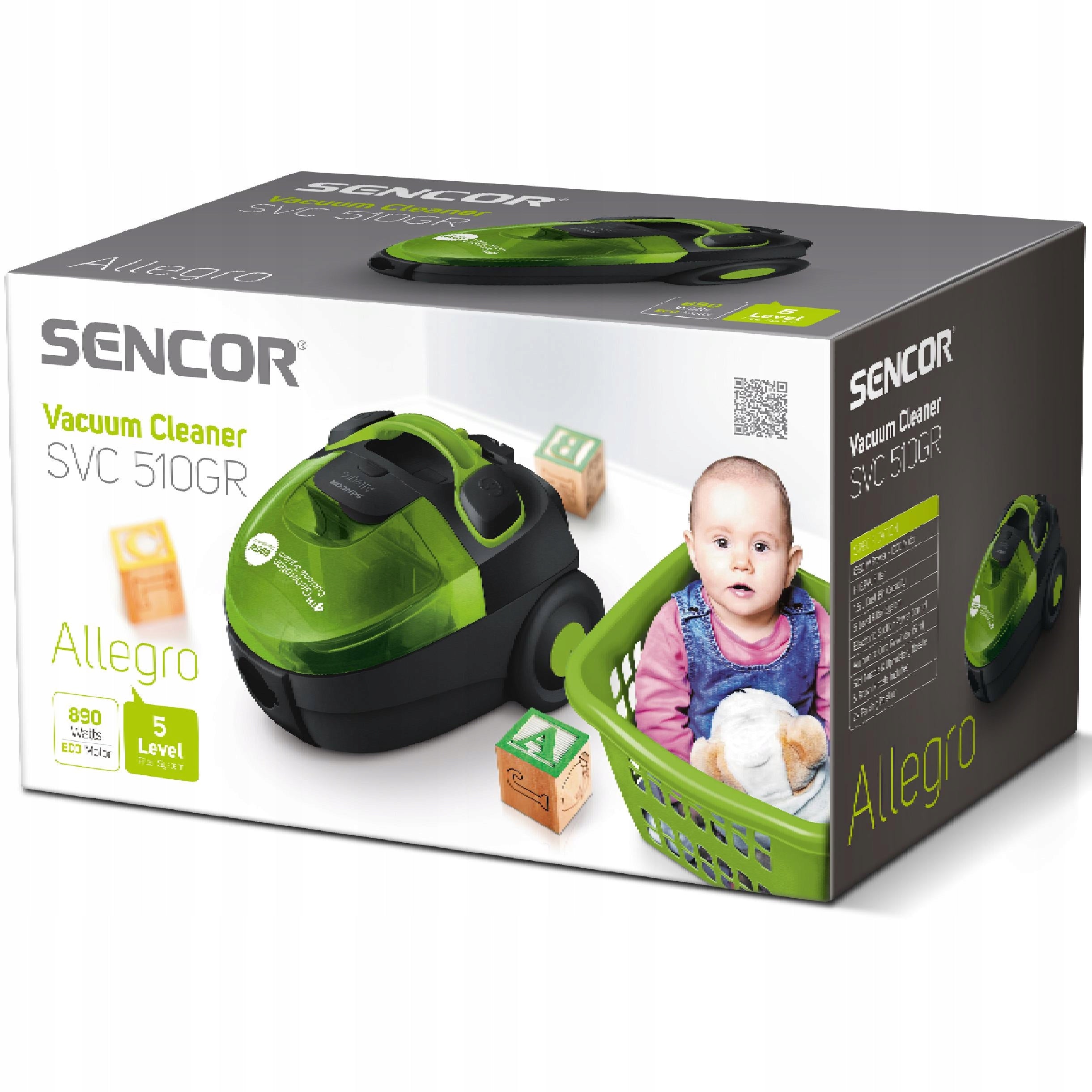 Powerful bagless vacuum cleaner 890W HEPA for allergy sufferers 76 dB Sencor SVC 510GR Packaging status original