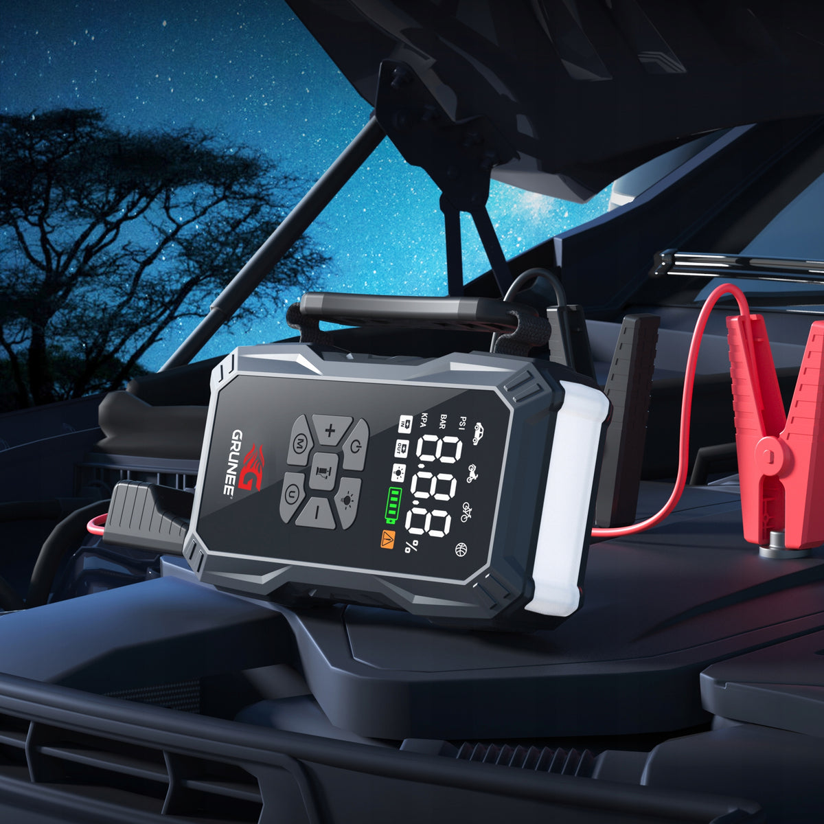 Powerful start JUMP STARTER 1500A 12000mAh + KOMPR.150PSI BOOSTER STARTER Brand GRUNEE
