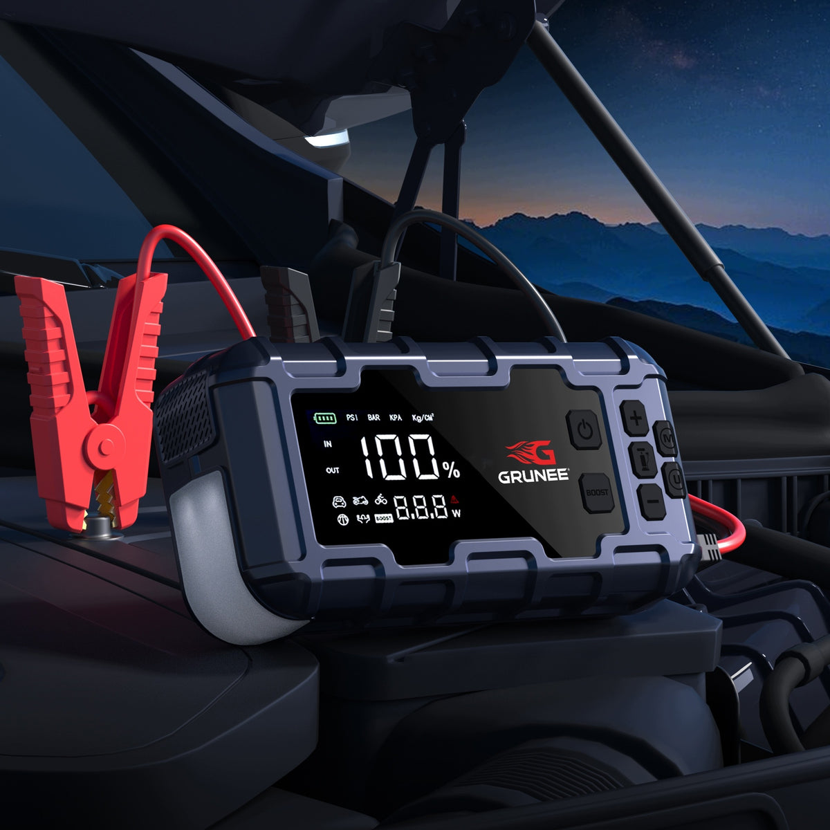 Powerful start JUMP STARTER 2000A 16000mAh + KOMPR.160PSI BOOSTER STARTER Brand GRUNEE