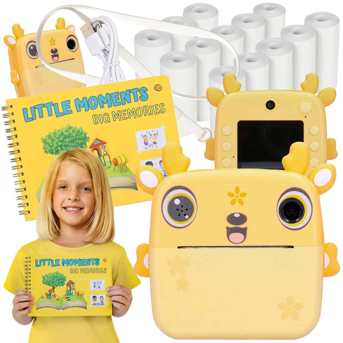 Print 2.0 Fawn yellow camera for children +Photo album+13 rolls of paper