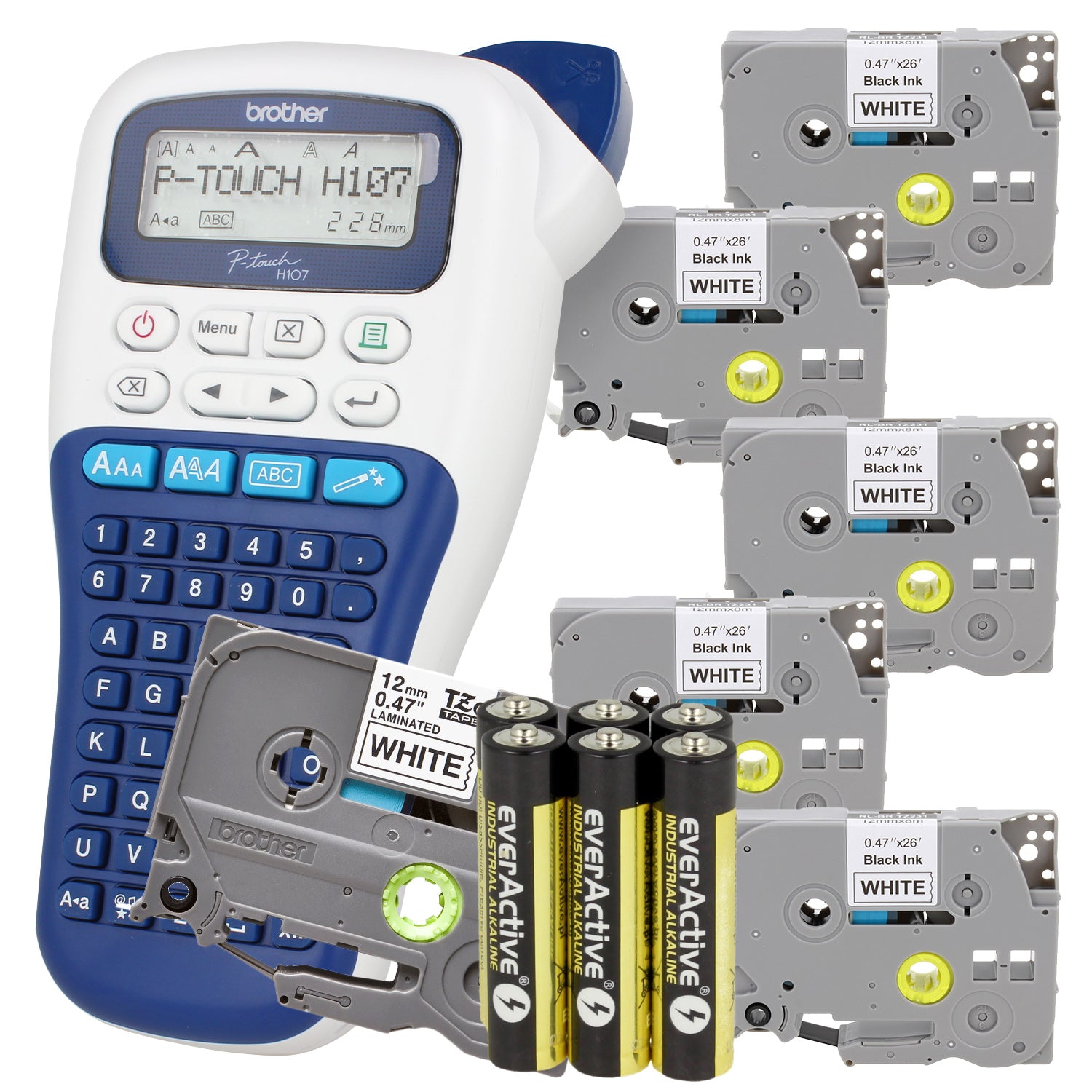 Printer set Brother PT-H107B + 5 tapes TZE-231 12mm + 6 batteries FREEBIE