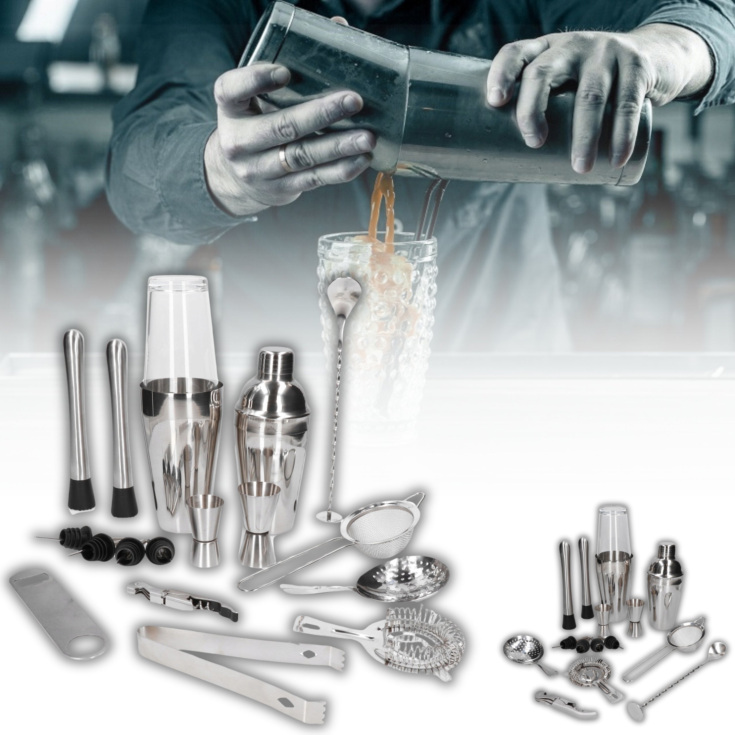 Professional Bartending Set for Drinks 18 el. Boston Shaker Silver