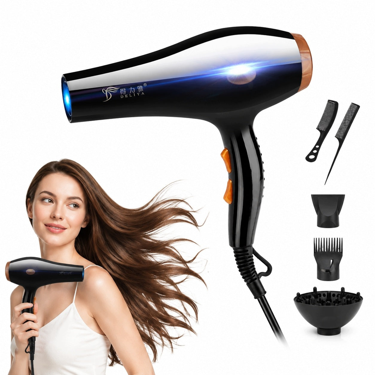Professional hairdresser dryer 1,4m anti-slip cable black and gold