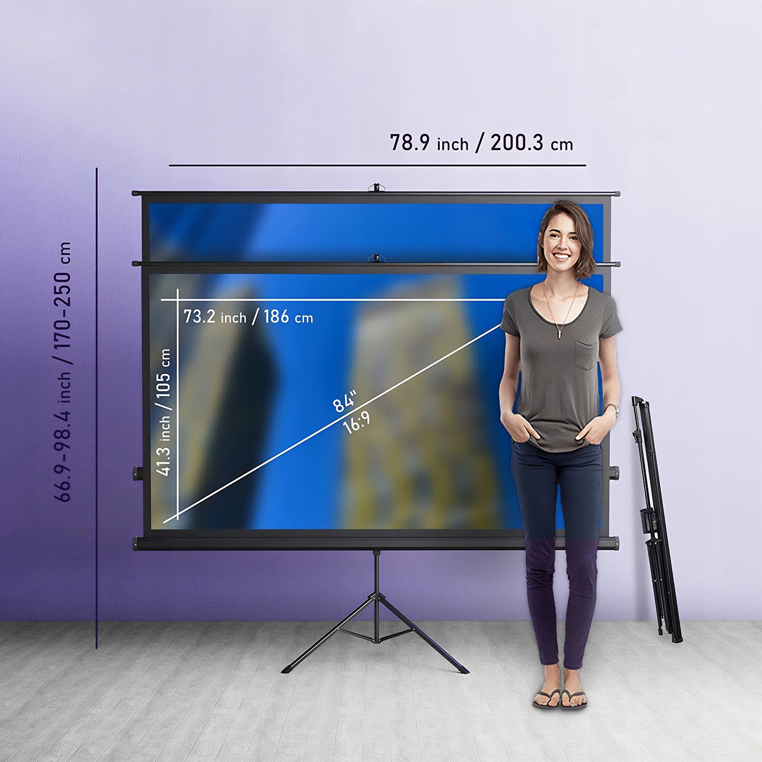 Projection Screen Portable 84 Inch 16:9 Retractable Full HD 4k FREEBIE Tripod Brand Spacetronik