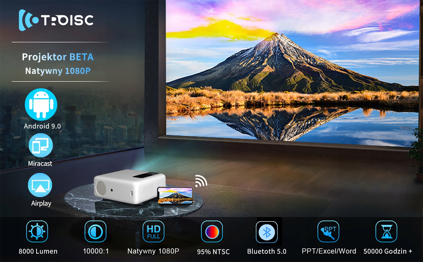 Projector 1080p FULL HD Android WIFI Bluetooth 300" Screen Reflection Manufacturer code TROISC-BETA-A