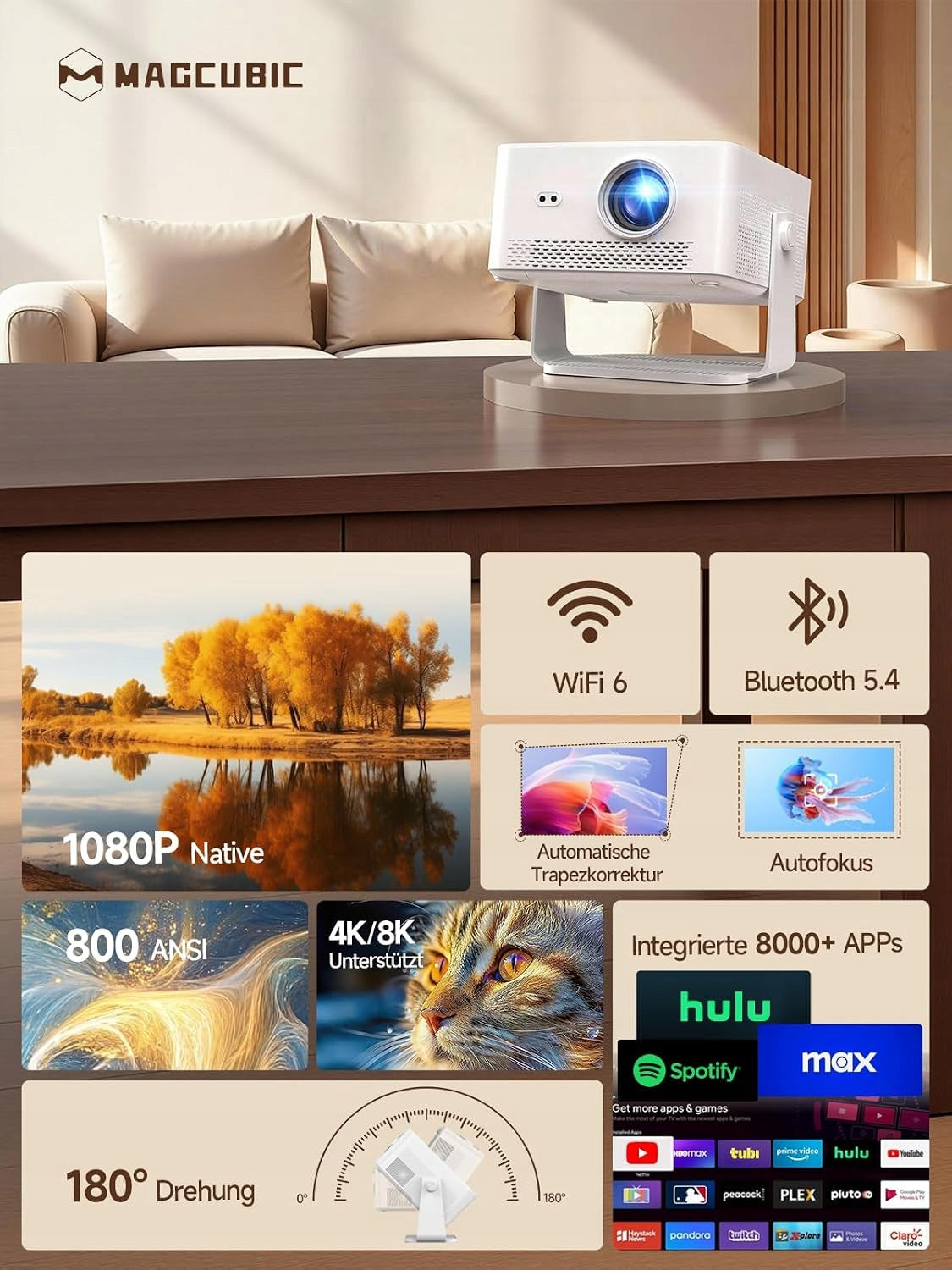 Projector MAGCUBIC HY450MAX Smart 4K Android 14 1080P 800 ANSI WiFi 6 Manufacturer code 9331522605512
