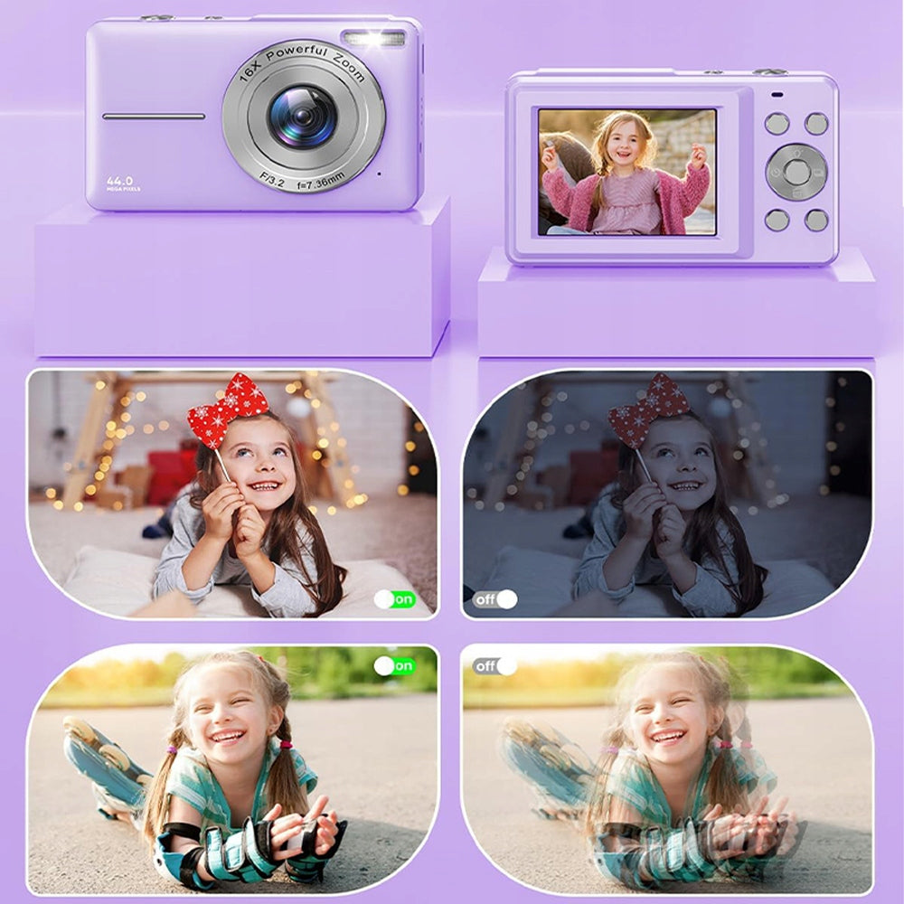 Purple 1080P 44MP Kids Digital Camera With 16X Zoom And Accessories Resolution 44 Mpx