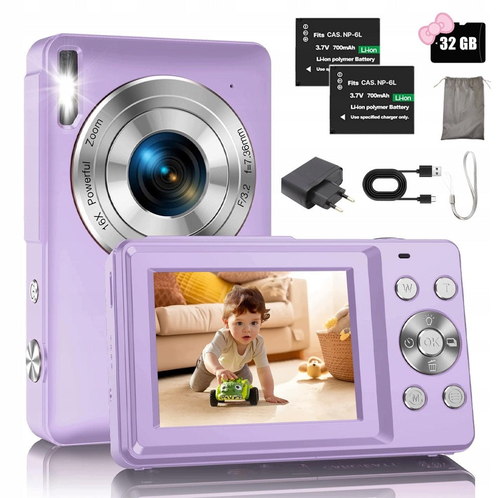 Purple 1080P 44MP Kids Digital Camera With 16X Zoom And Accessories