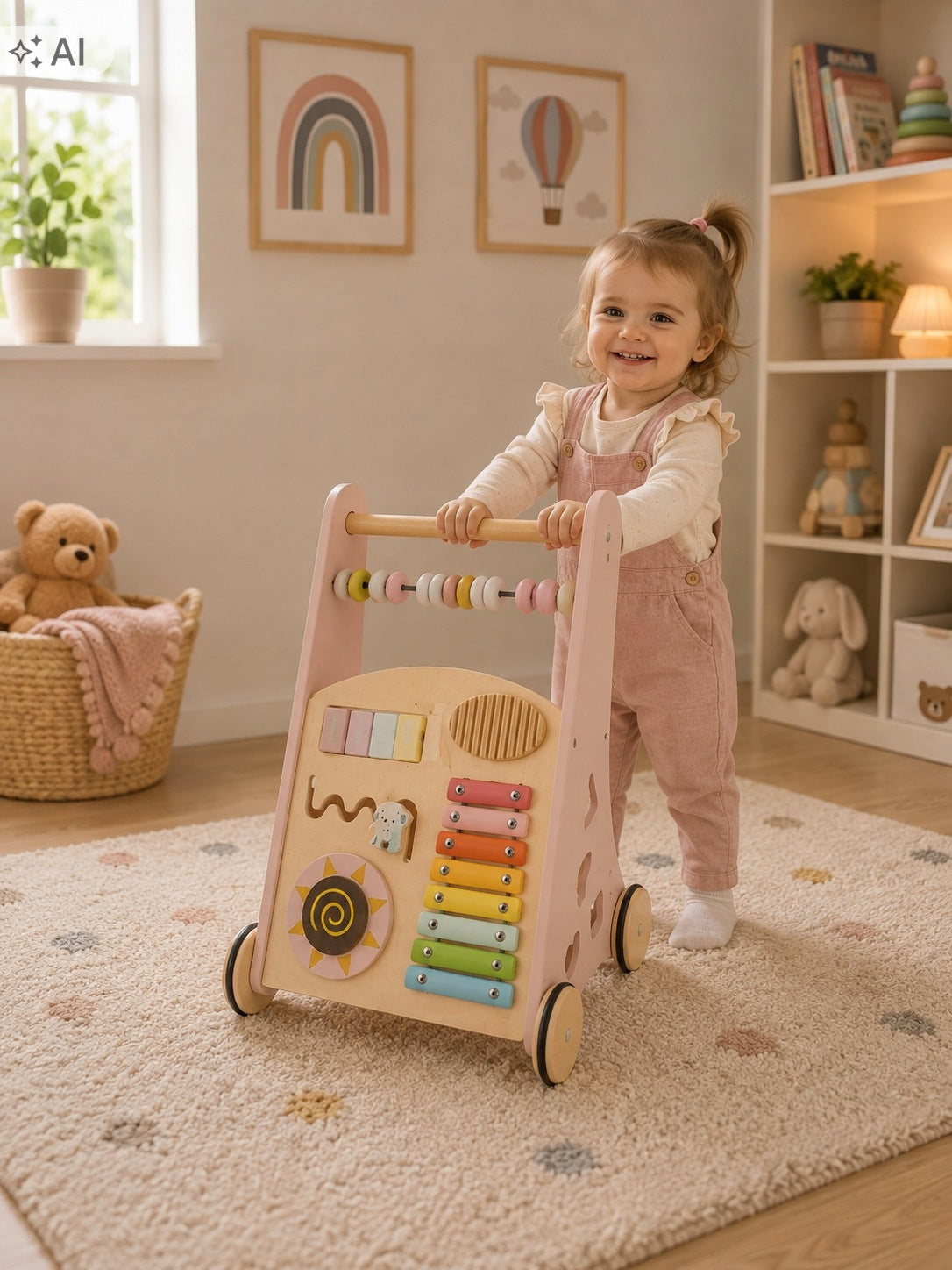 Pusher for baby wooden walker with abacus pink