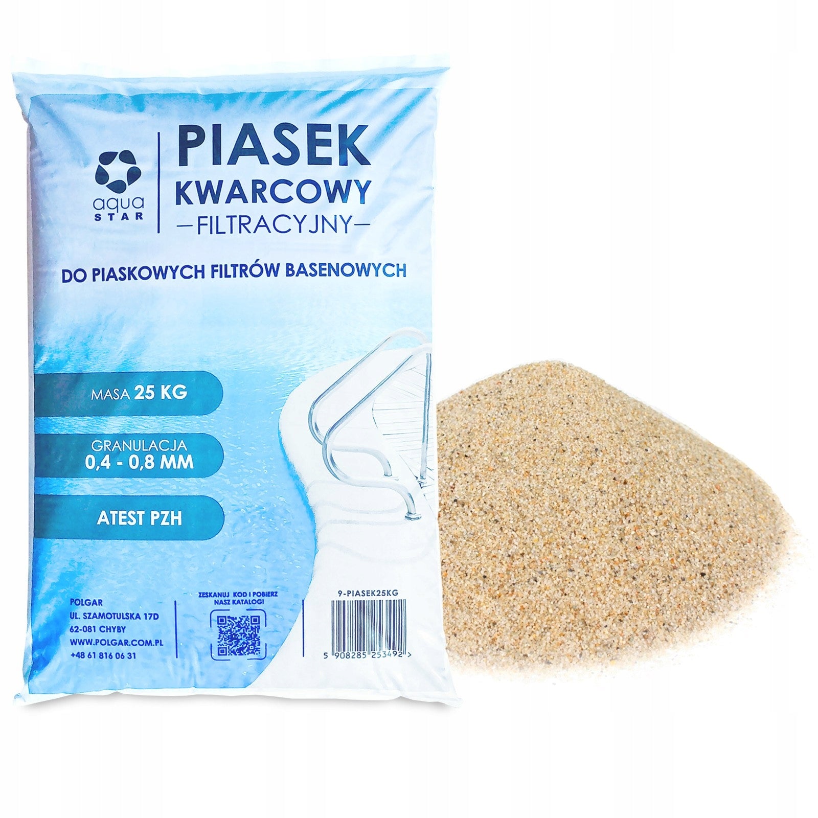 Quartz sand for sand filter for POOL 0,4-0,8 mm PZH 25kg certificate