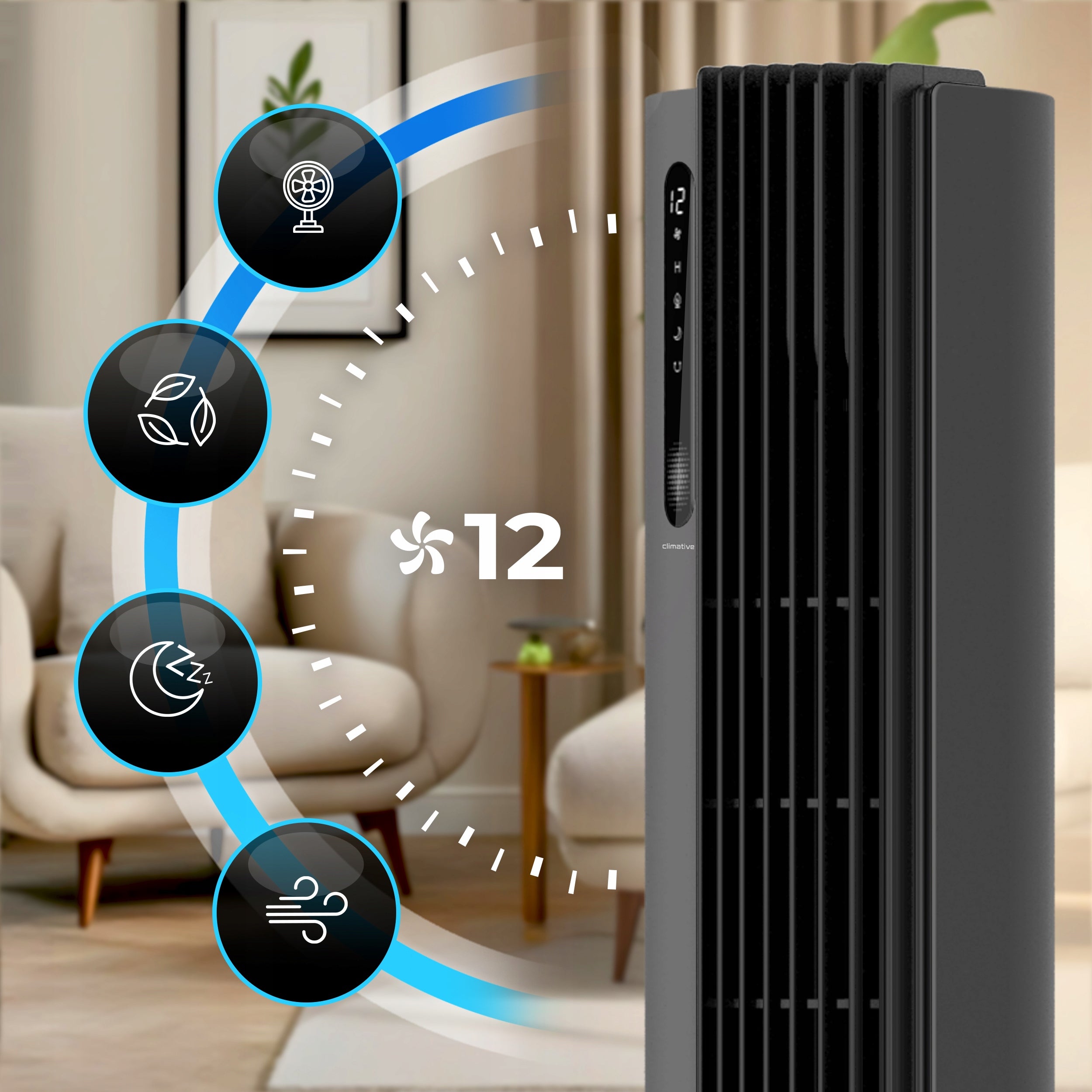 Quiet column fan 12 levels PURE Plasma ionization black XXL Dominant color black