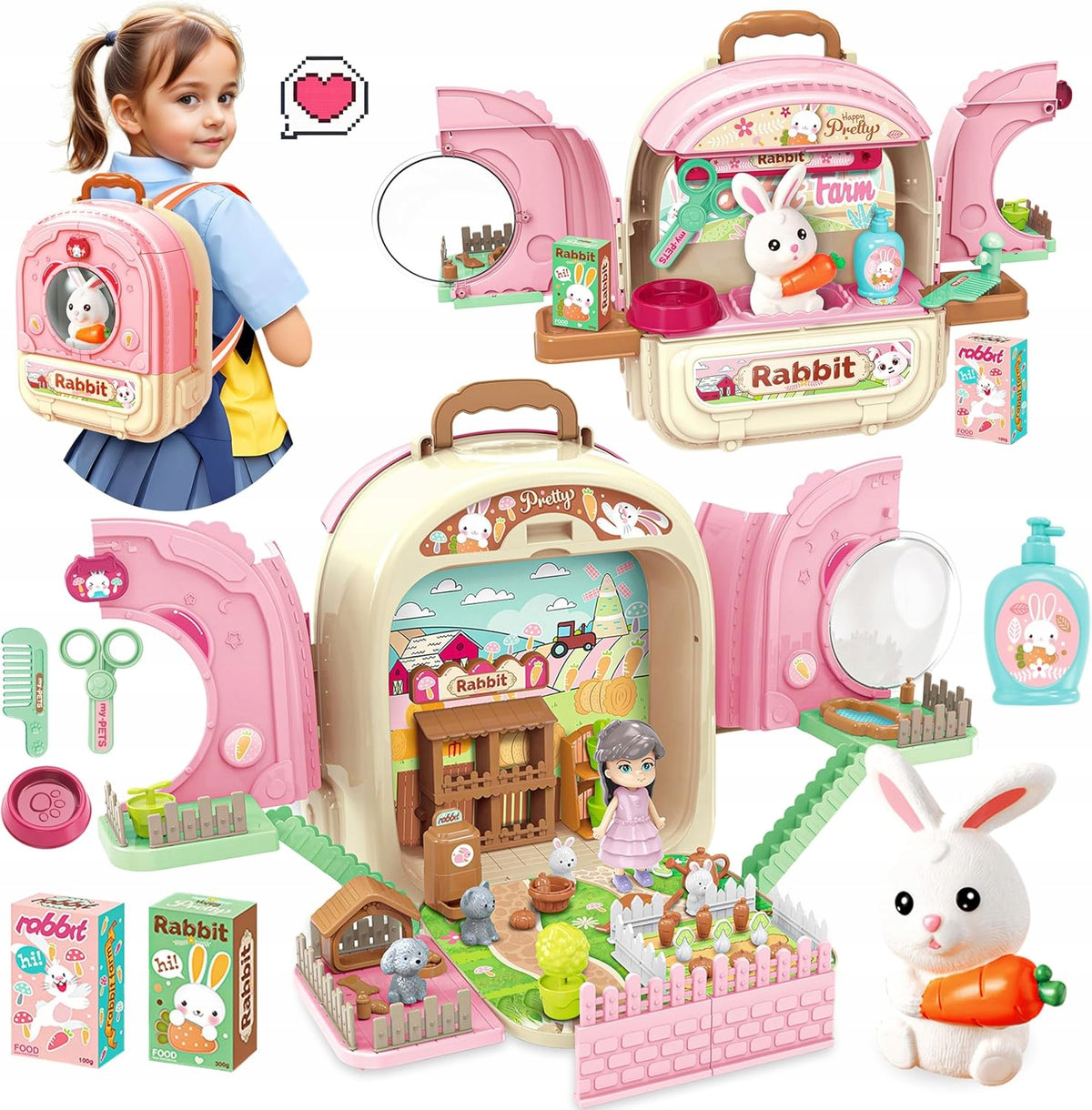 RABBIT IN BACKPACK 3IN1 FARM FIGURINE AKCESORIA PORTABLE COTTAGE GARDEN WOOPIE Packaging status original