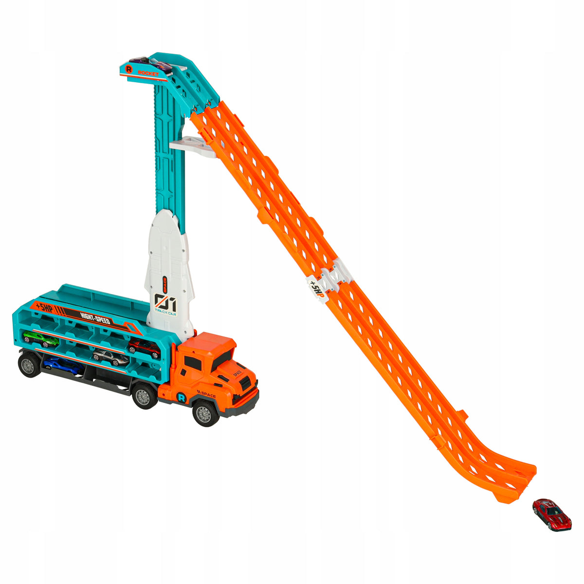RACE TRACK TOW TRUCK TRANSPORTER 2IN1 CARS FOR CHILDREN 6 CARS SET Length 10 cm