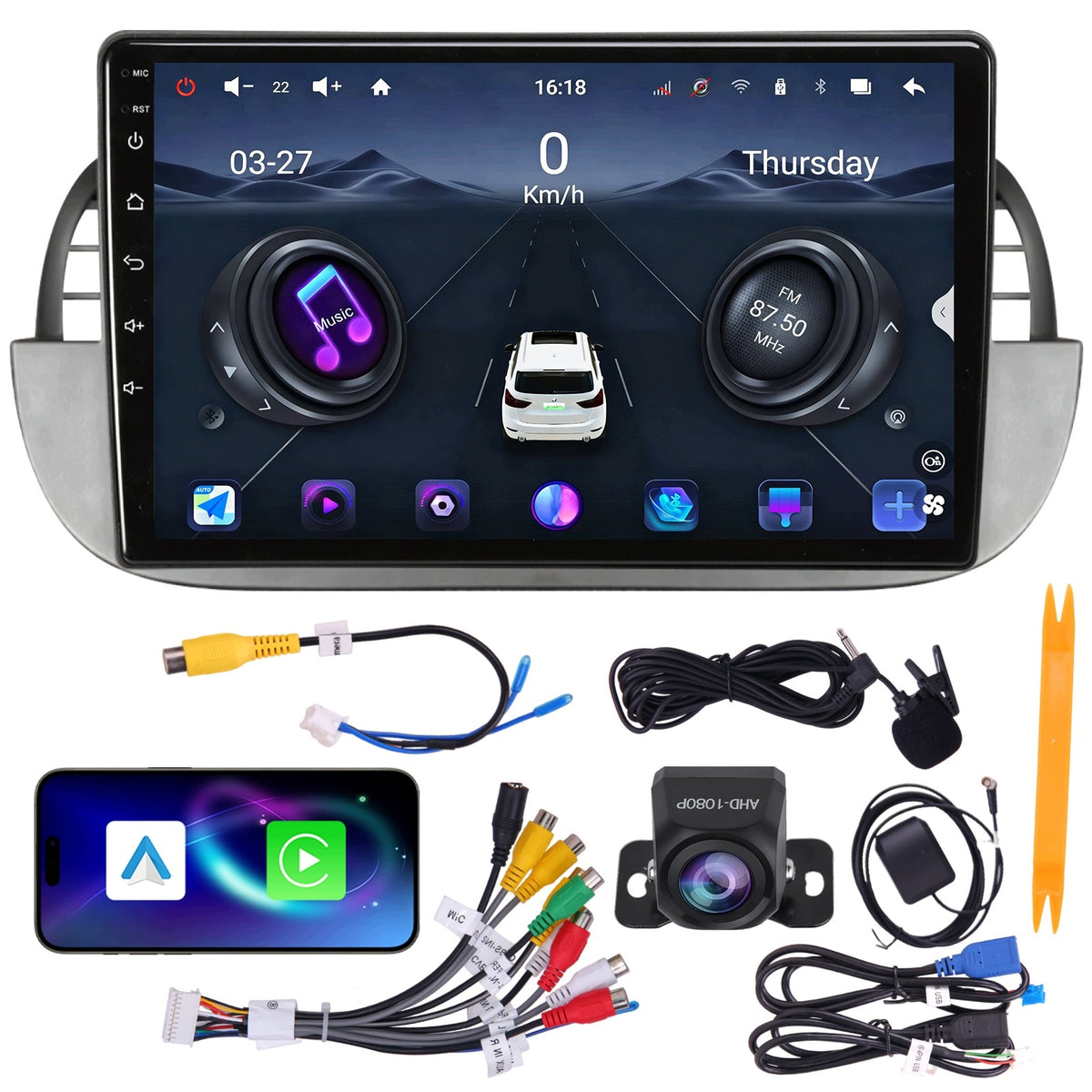 RADIO FIAT 500 2007-2015 9" ANDROID 15 4+64GB CARPLAY WIFI GPS + AHD CAMERA