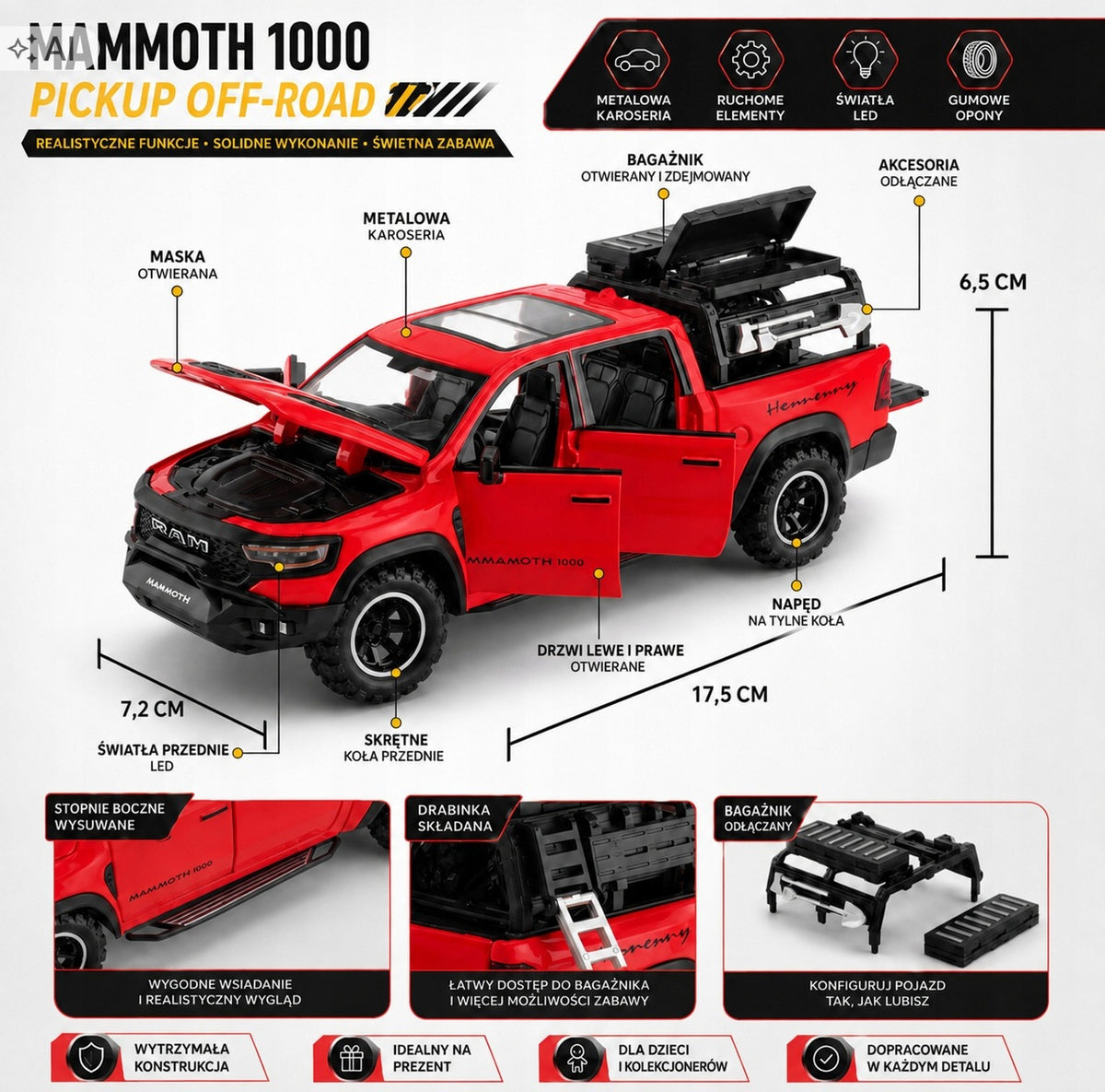 RAM 1500 TRX MAMMOTH 1000 1:32 Metal Model LED Opening Off-Road Pickup Brand no brand