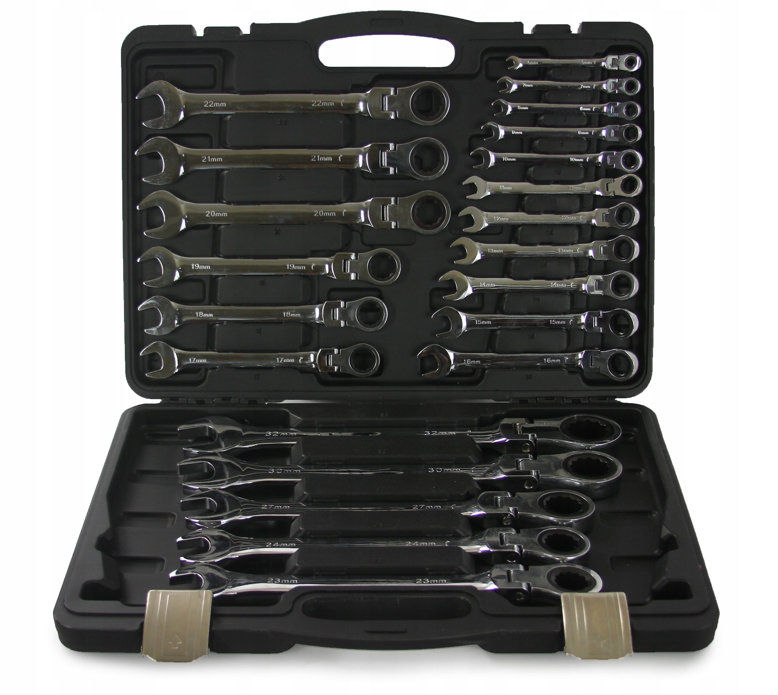 RATCHETING FLAT EYE WRENCHES BROKEN 6-32mm LARGE SET IN CASE 22el Packaging status original