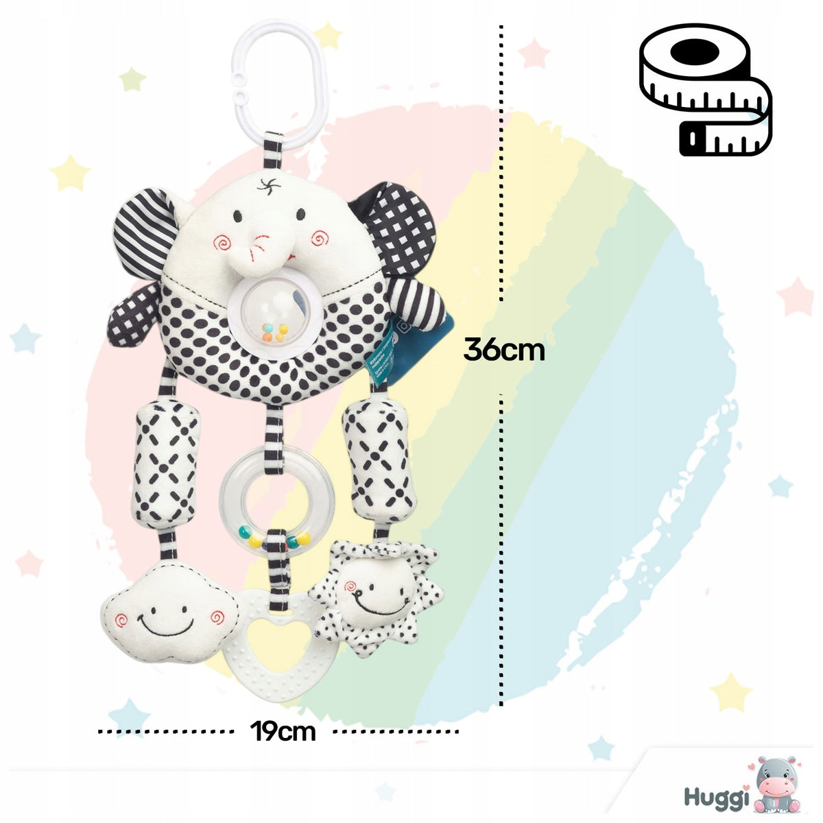 RATTLE PENDANT FOR STROLLER CRIB SENSORS BLACK AND WHITE - ELEPHANT Brand Magical