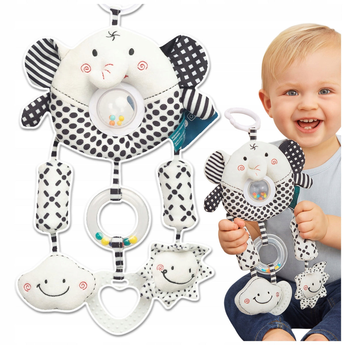 RATTLE PENDANT FOR STROLLER CRIB SENSORS BLACK AND WHITE - ELEPHANT