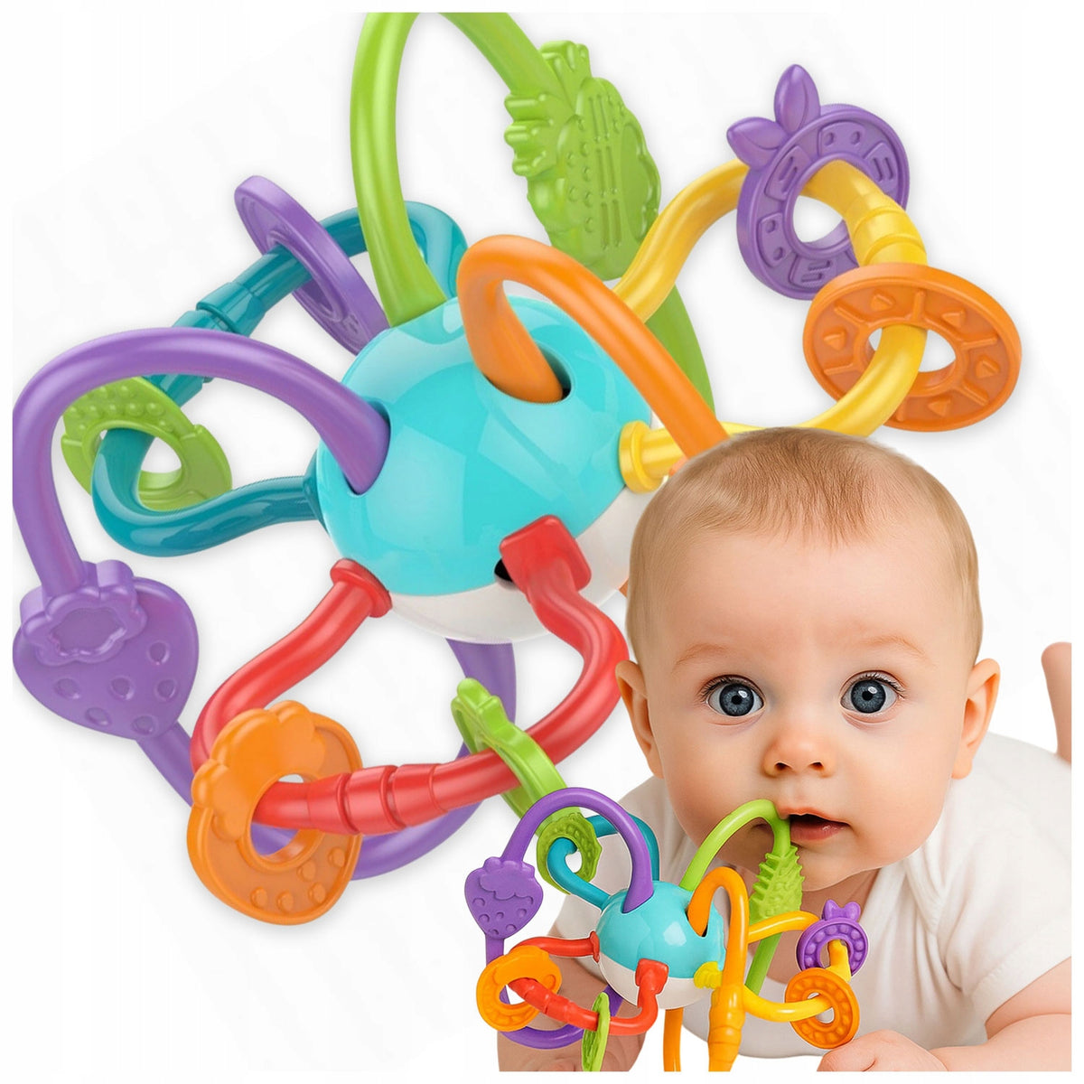 RATTLE TEETHER 2IN1 SENSORY TOY SPIRAL SOFT COLORFUL COSMOS