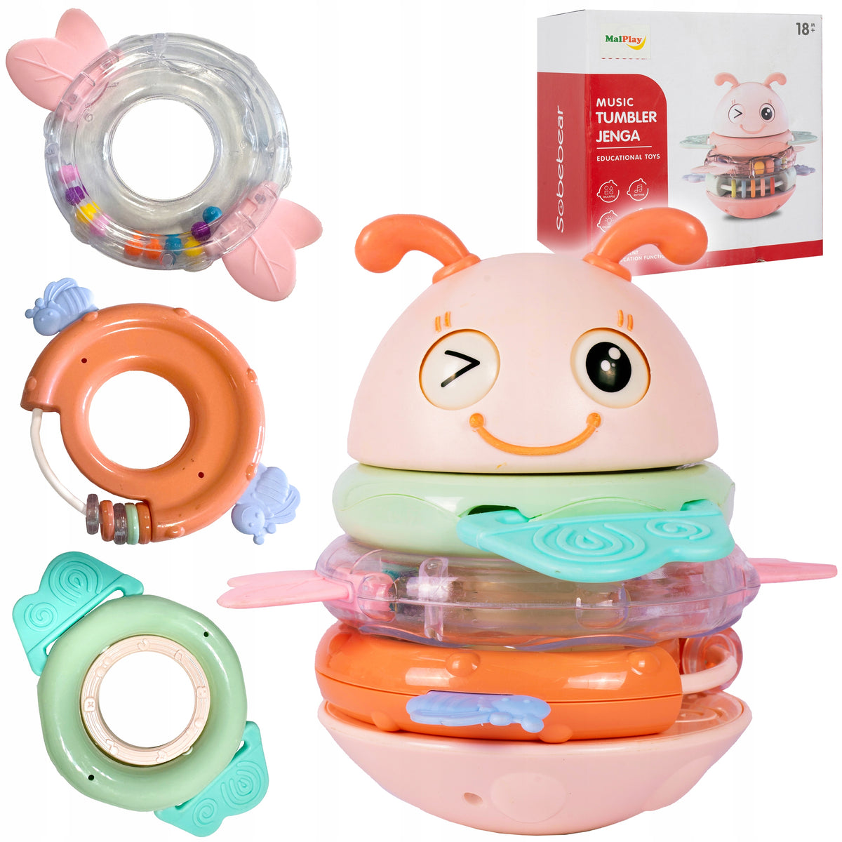 RATTLE TEETHER PINK PYRAMID PLAYS SOUND MUSIC FOR BABY