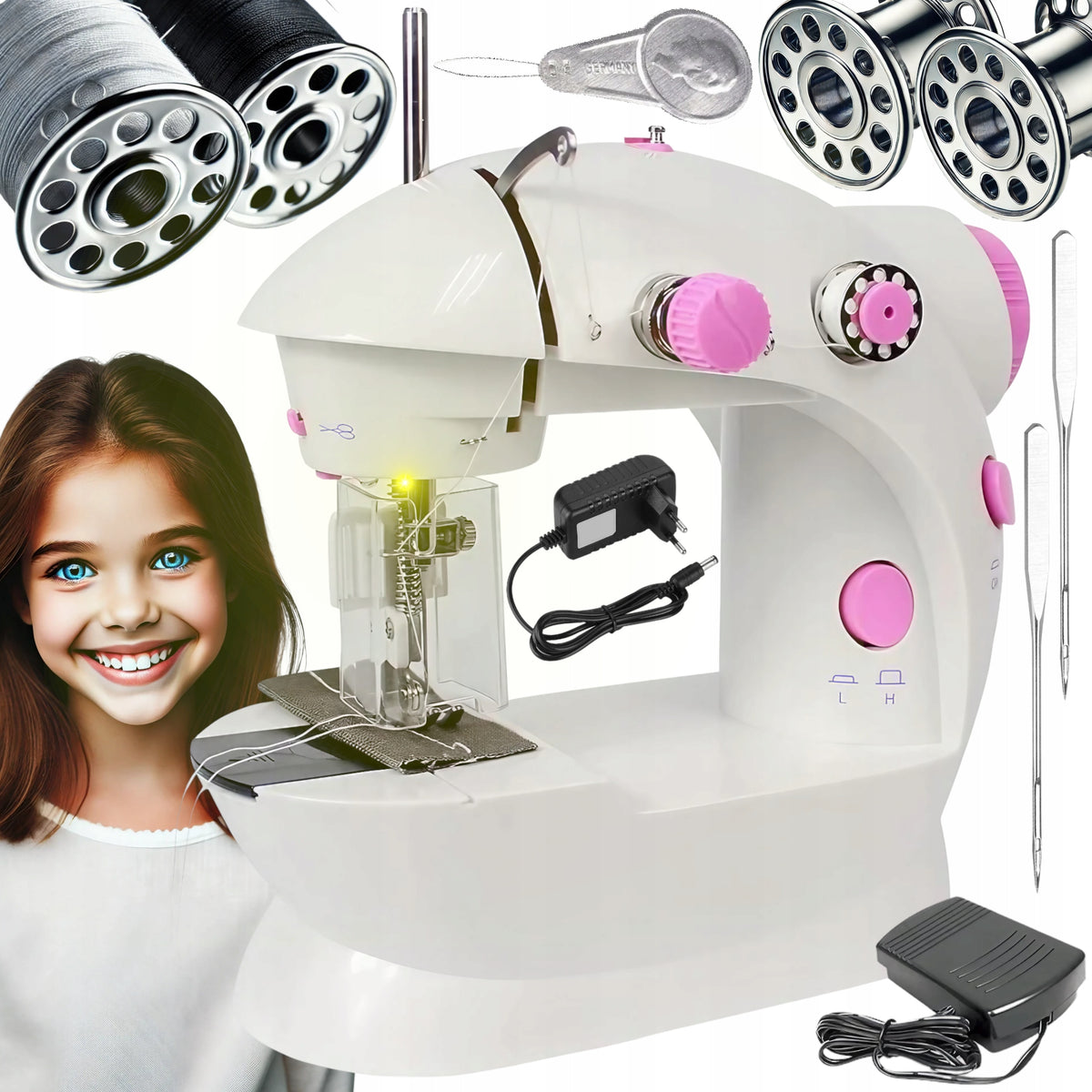 REAL SEWING MACHINE FOR CHILDREN + THREAD NEEDLE COVER FOR CHILD'S DAY