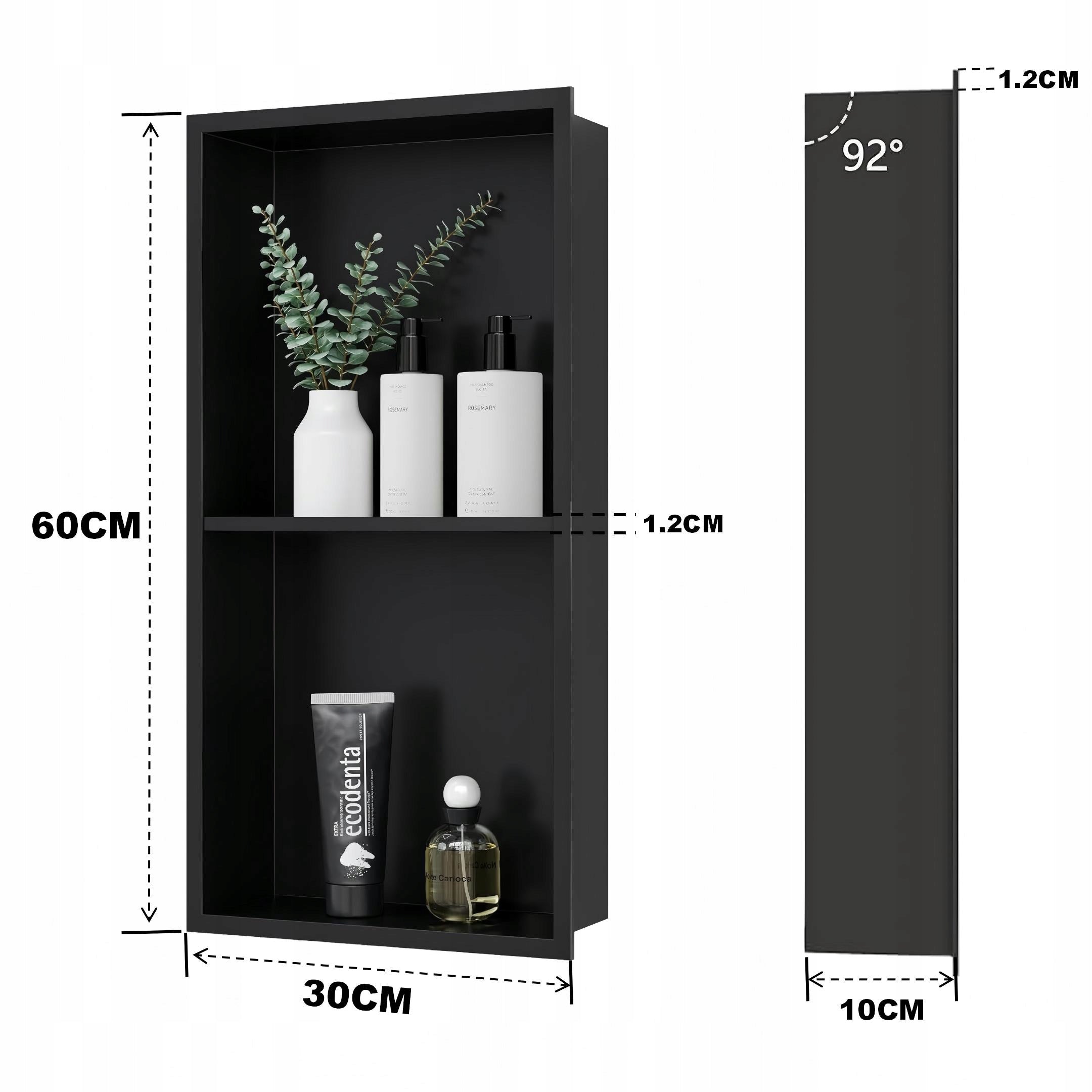 RECESSED SHELF 60x30x10CM BATHROOM SHOWER BLACK STAINLESS STEEL Packaging status original
