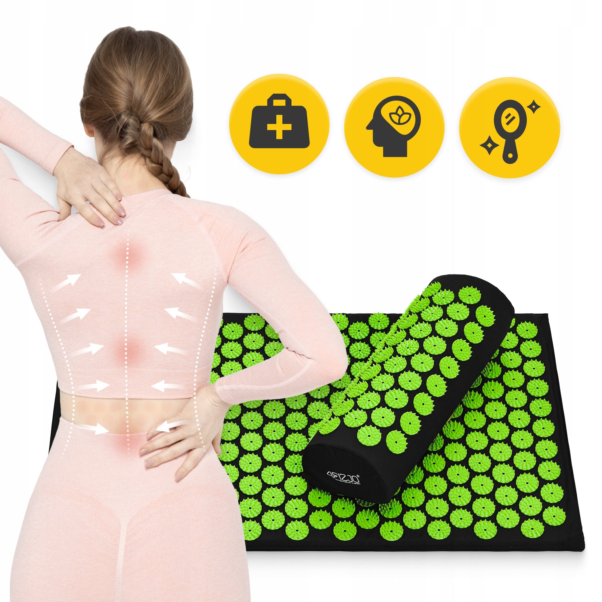 RELAXATION MASSAGE ACUPRESSURE MAT WITH SPIKES ACUPRESSURE PILLOW INCLUDED Color green