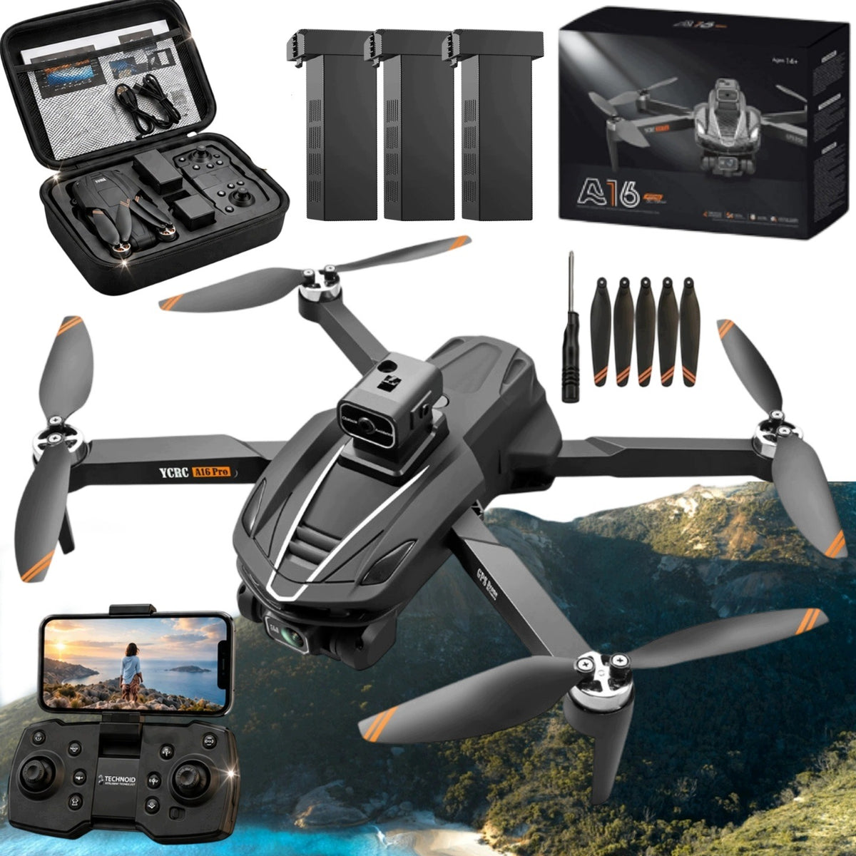 REMOTE CONTROLLED DRONE 3 batteries 3000m to 90min Flight 35km/h GPS case