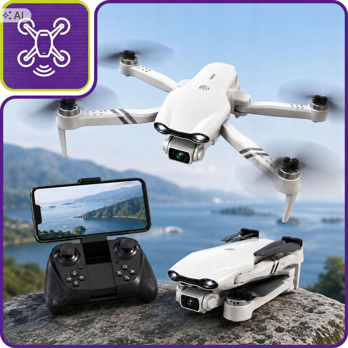 REMOTE CONTROLLED DRONE F10 2 FPV CAMERAS WiFi 4K UHD 2000m 3 aku TOY Packaging status original