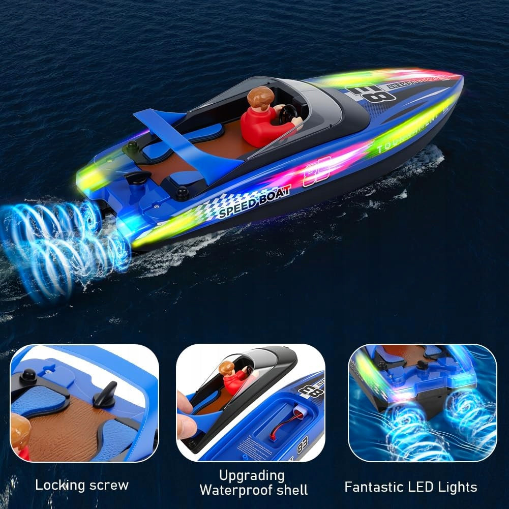 REMOTE CONTROLLED MOTOR BOAT WITH LED AND TWO 2 4GHZ BATTERIES Minimum kid's age 14